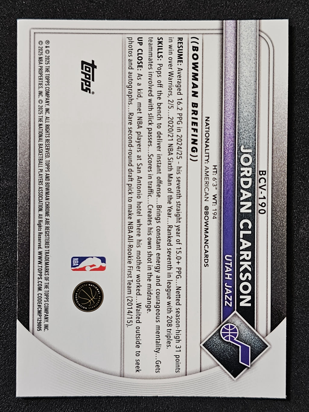 2025-26 Bowman #BCV-190 Jordan Clarkson Chrome Purple Mojo Refractor #/250