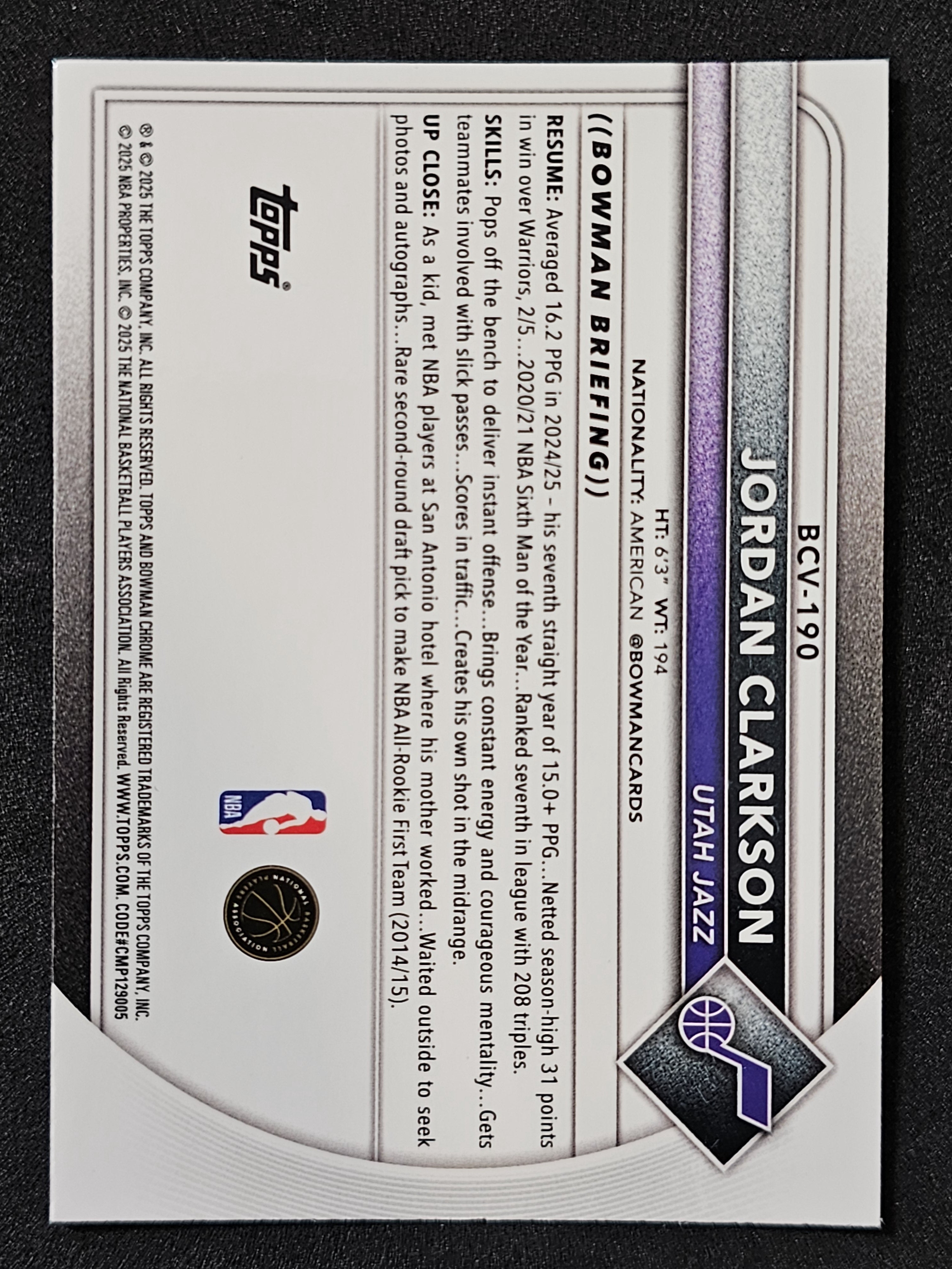 2025-26 Bowman #BCV-190 Jordan Clarkson Chrome Purple Mojo Refractor #/250
