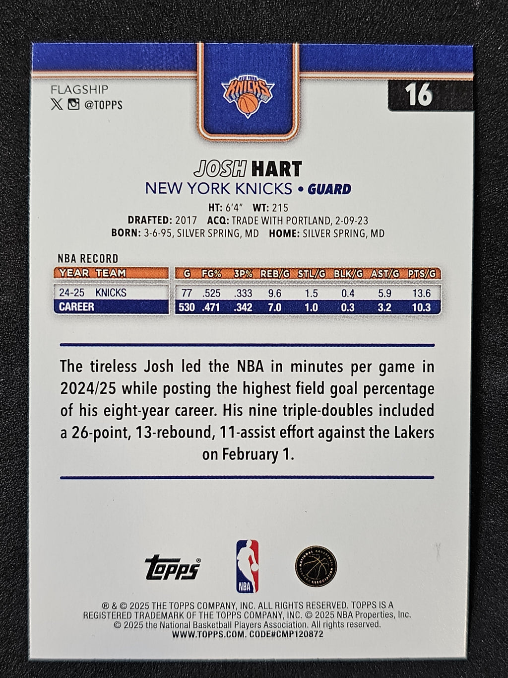 2025-26 Topps #16 Josh Hart Diamante Pink