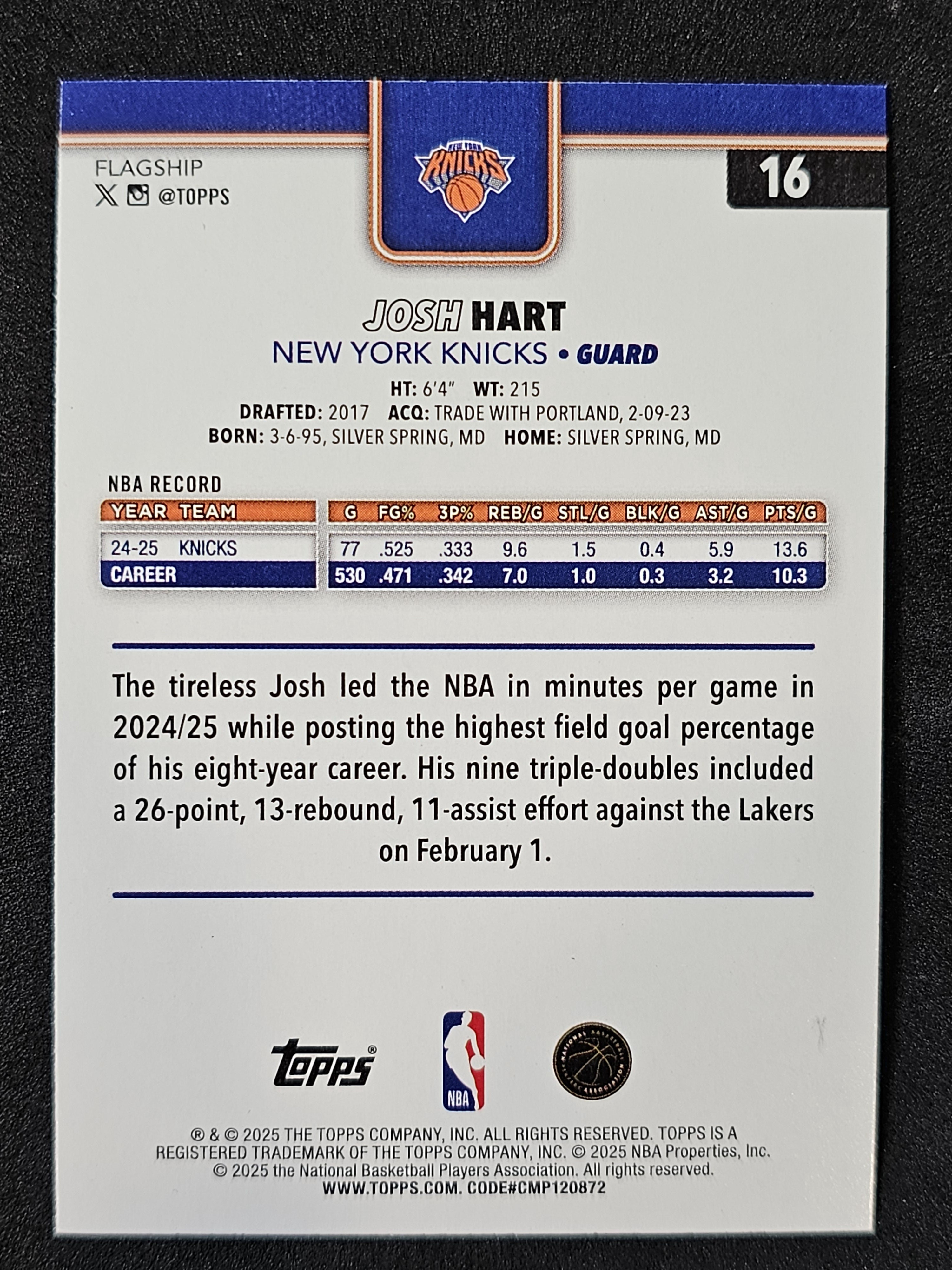 2025-26 Topps #16 Josh Hart Diamante Pink
