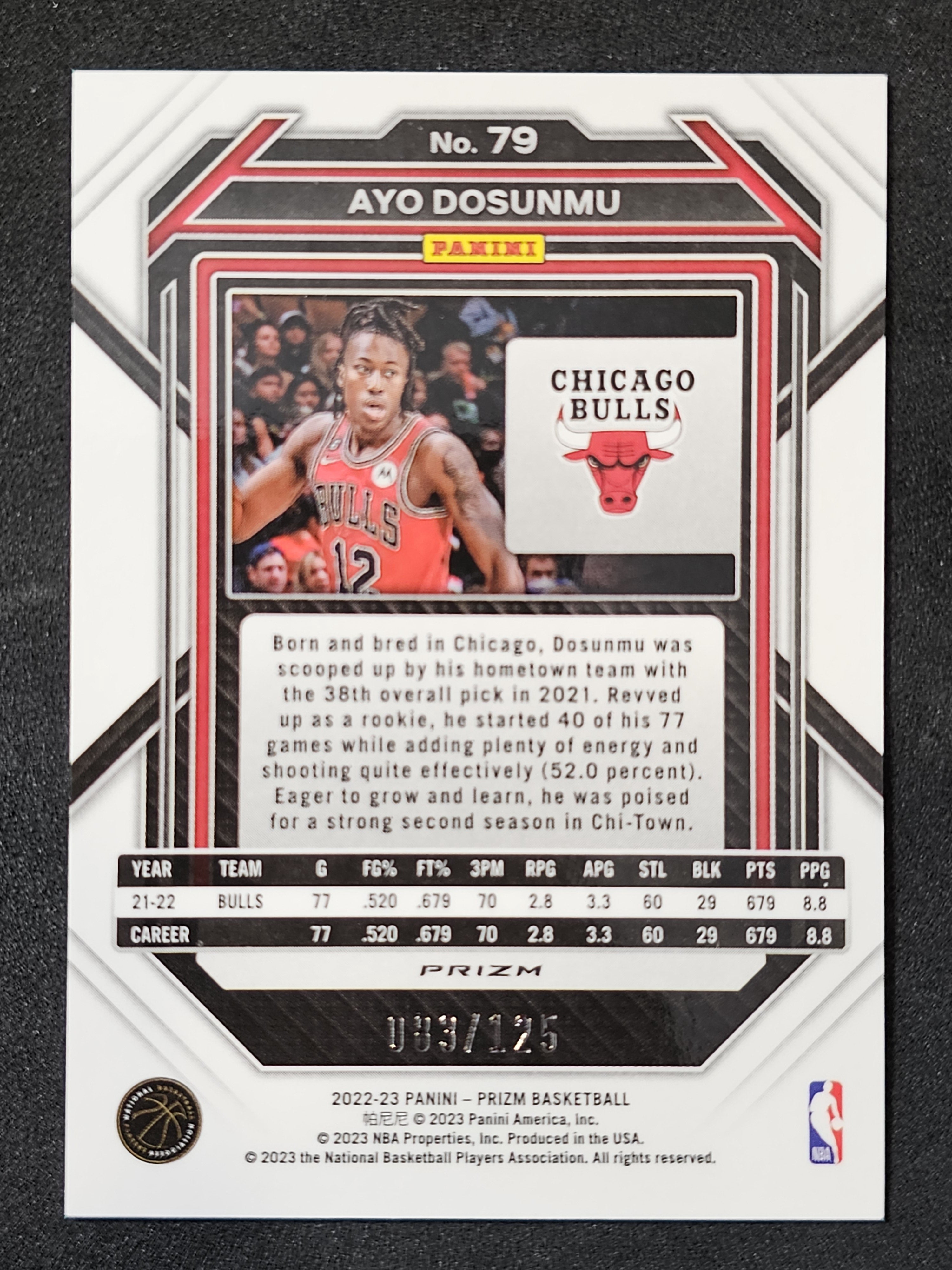 2022-23 Panini Prizm #79 Ayo Dosunmu Prizms Blue Ice #/125