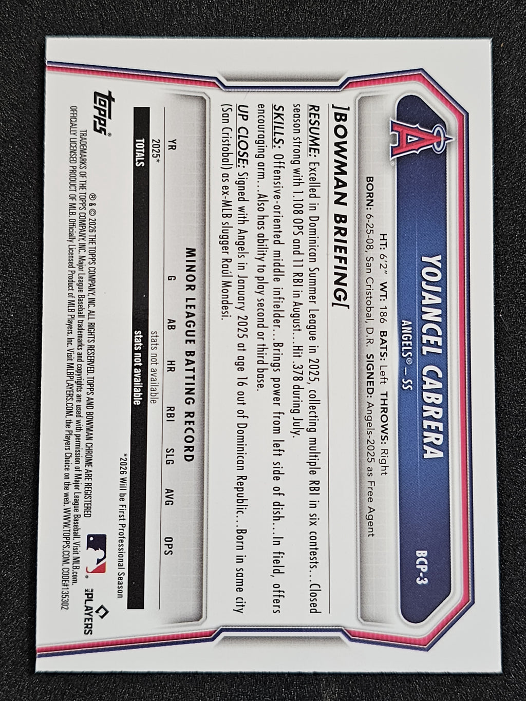 2026 Bowman #BCP-3 Yojancel Cabrera Chrome Prospects Gold Refractor #/50