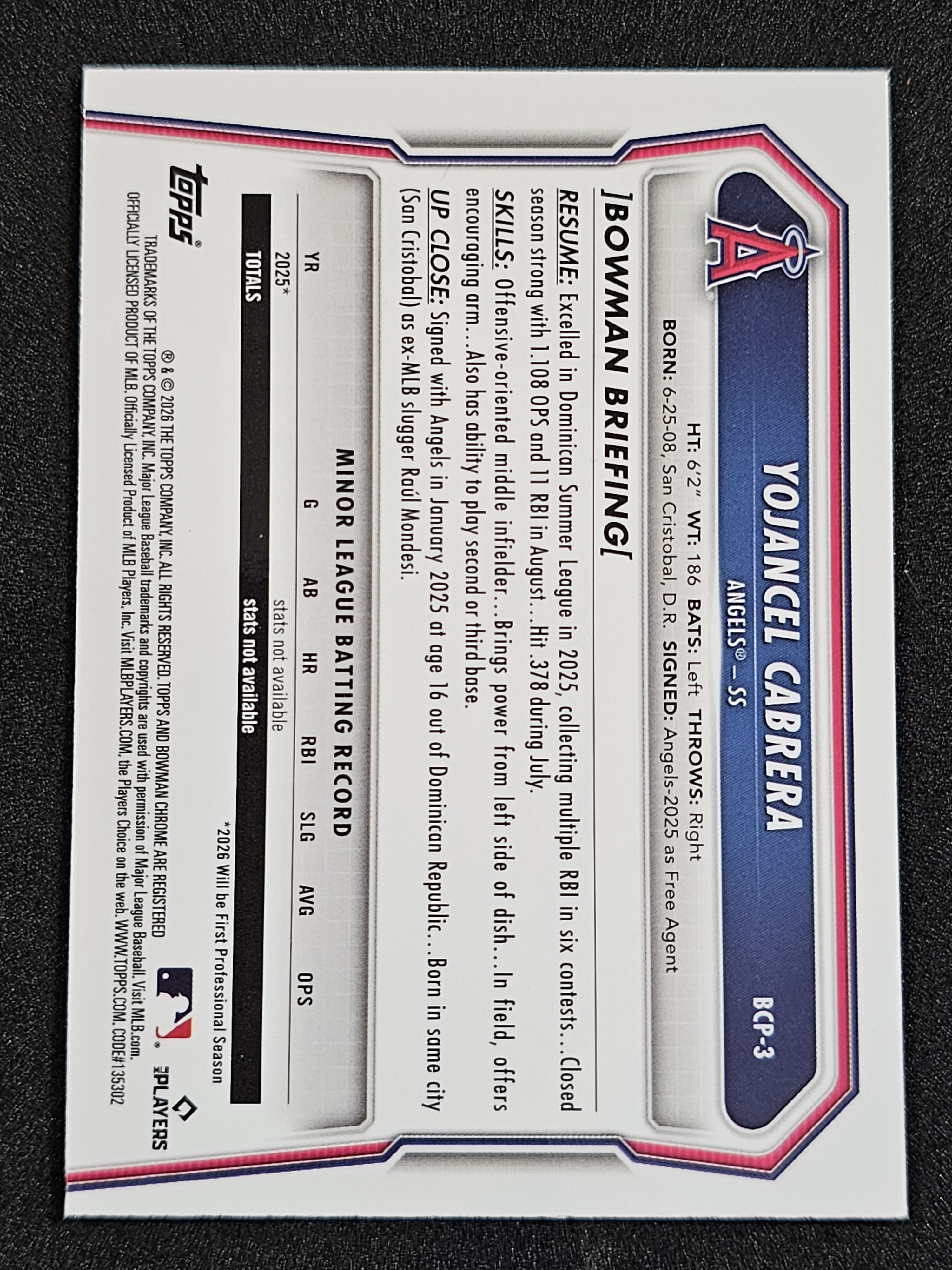 2026 Bowman #BCP-3 Yojancel Cabrera Chrome Prospects Gold Refractor #/50