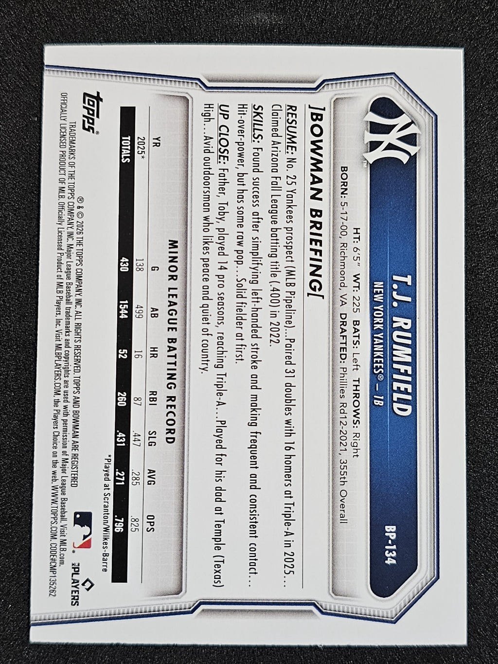 2026 Bowman #BP-134 T.J. Rumfield Purple #299