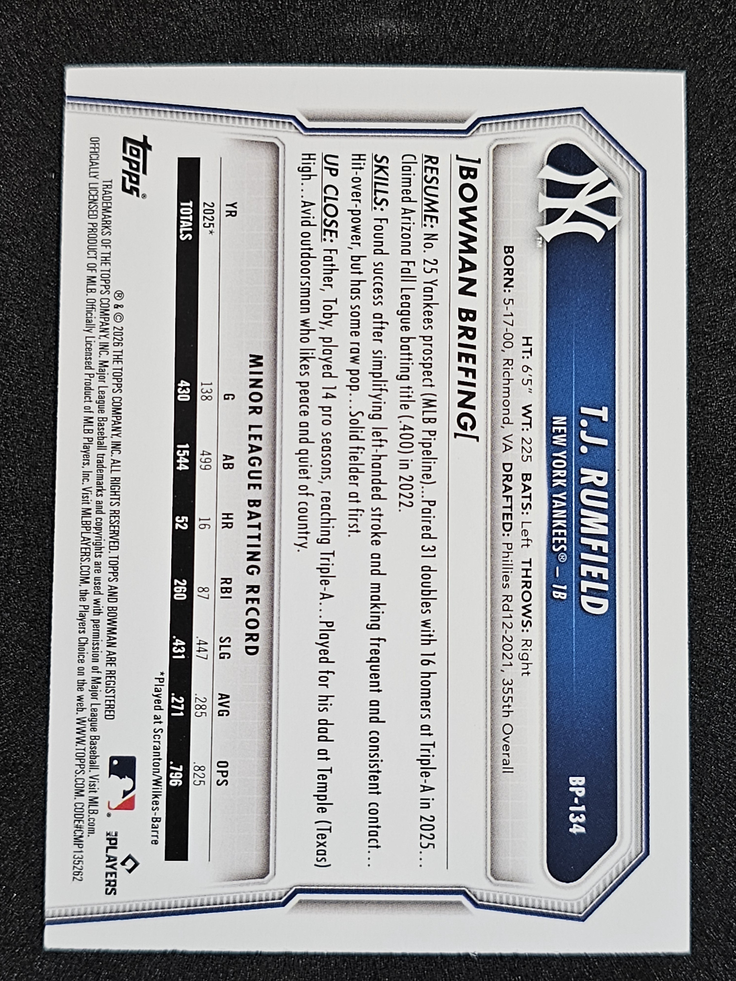 2026 Bowman #BP-134 T.J. Rumfield Purple #299