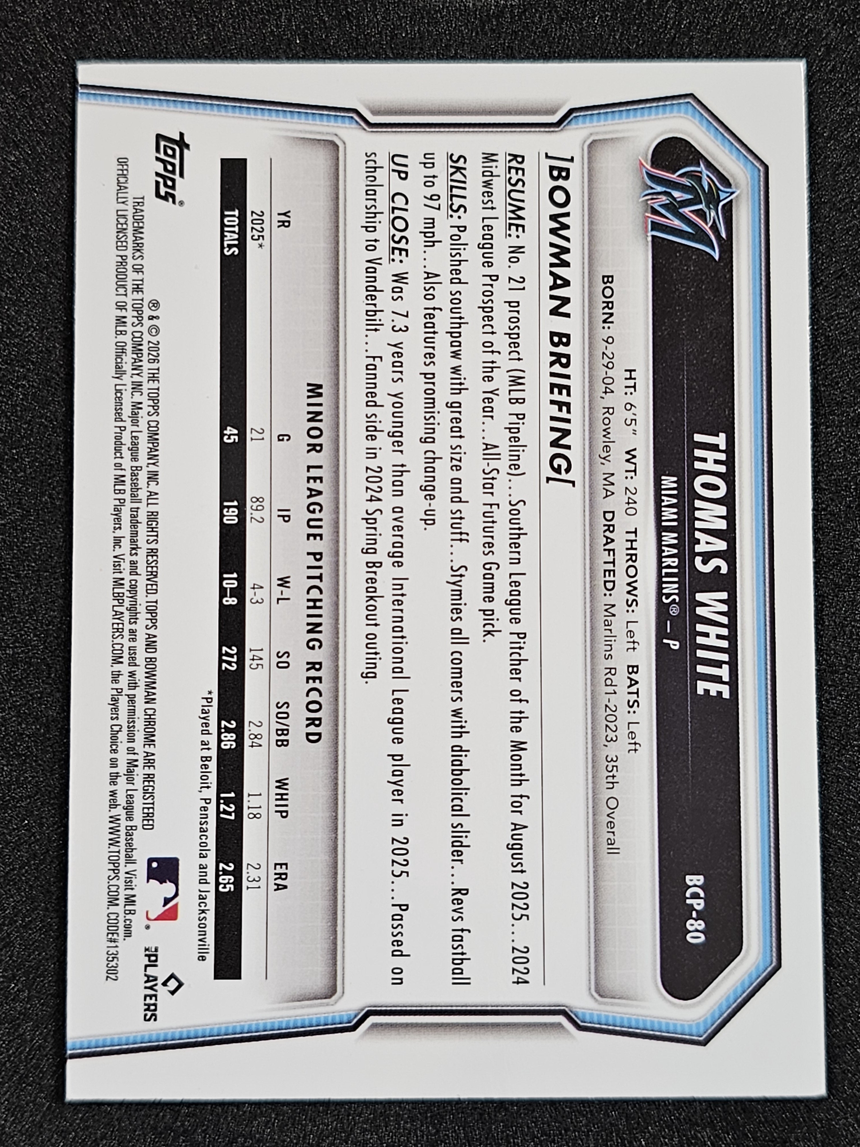 2026 Bowman #BP-80 Thomas White Purple Refractor /199