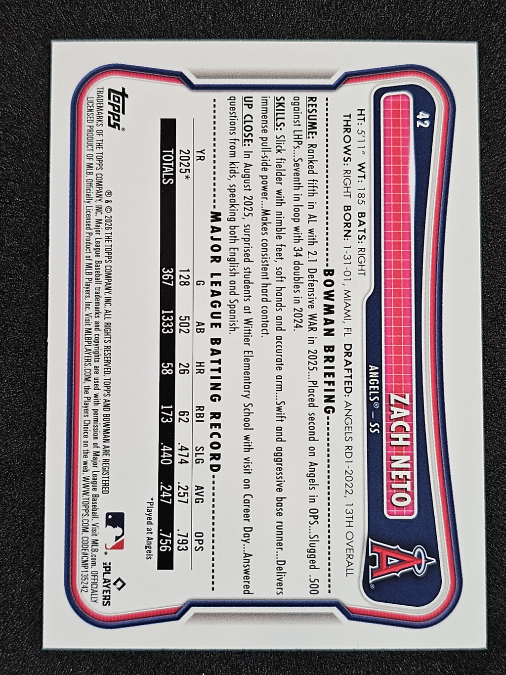 2026 Bowman #42 Zach Neto Paper Gold /50