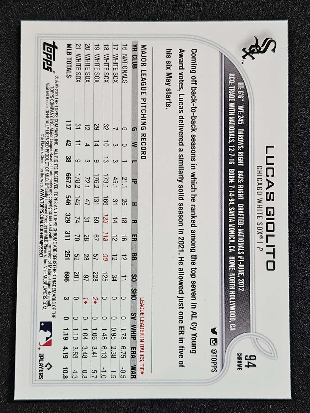 2022 Topps #291 Lucas Giolito  X-Fractor