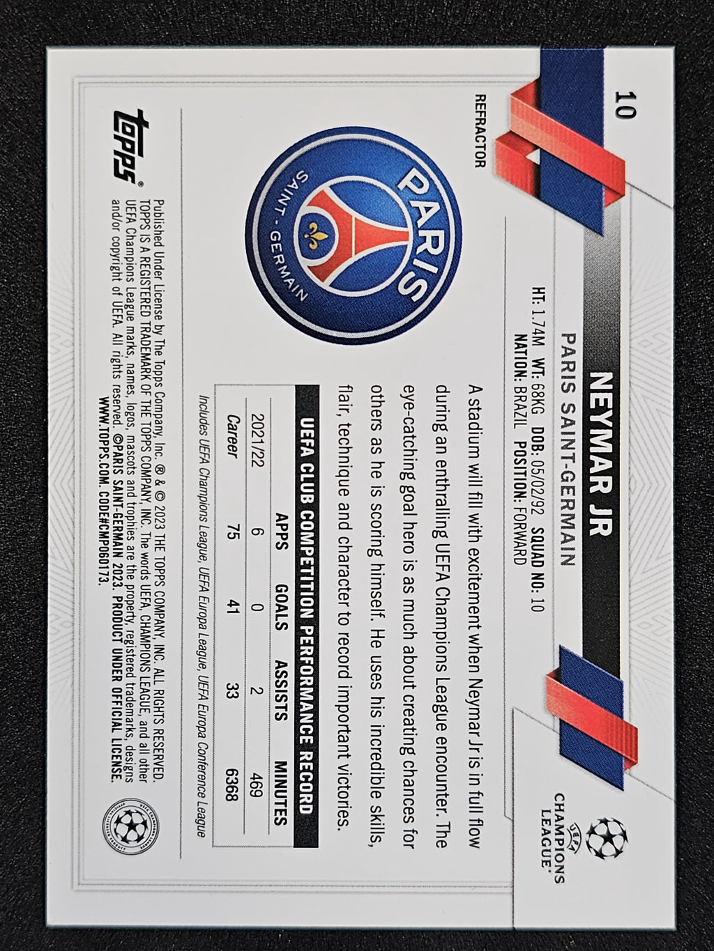 2022-23 Topps Chrome UEFA Club Competitions #10 Neymar Jr Refractor