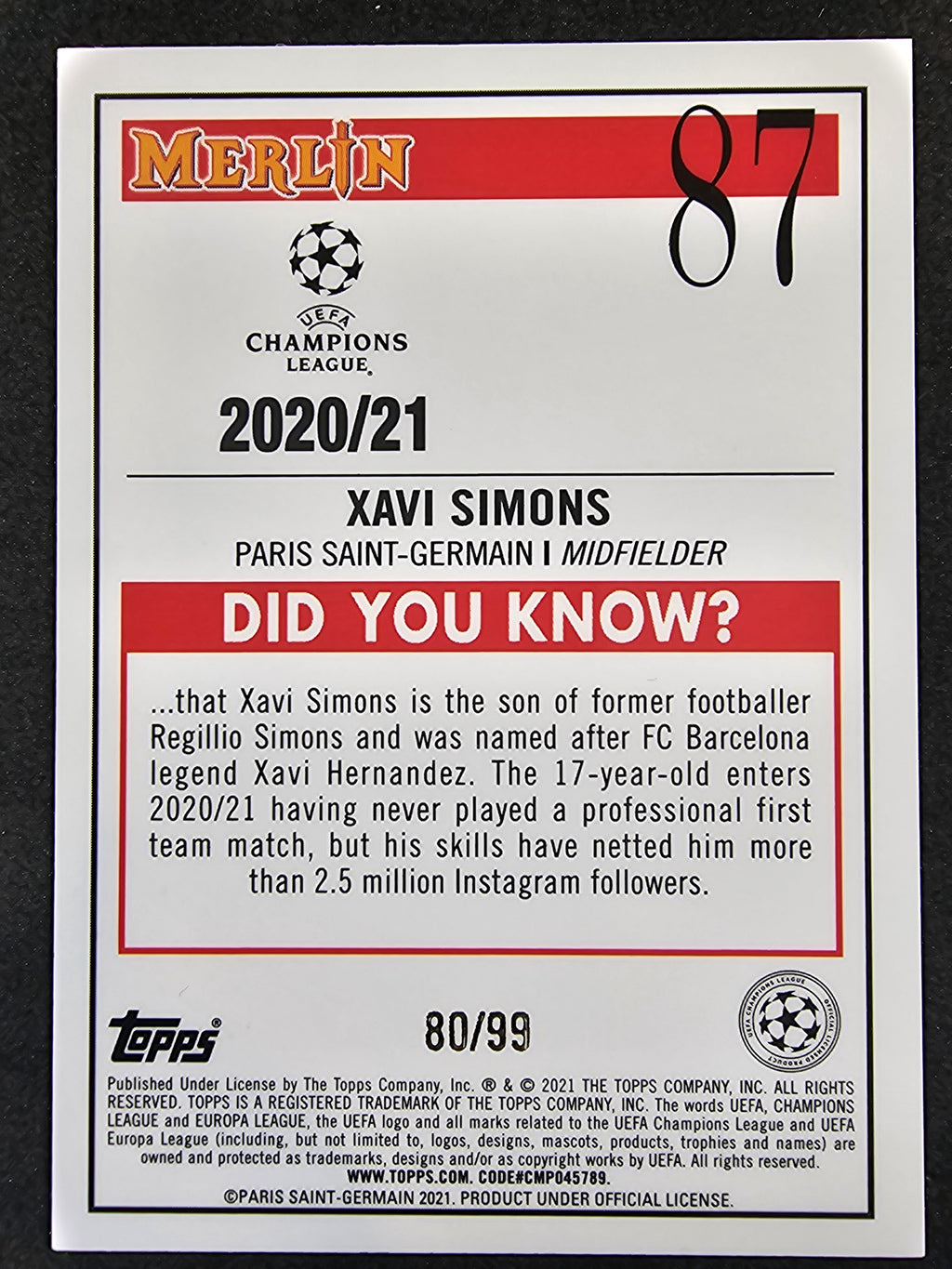 2020-21 Merlin UEFA Champions League #87 Xavi Simons Green /99