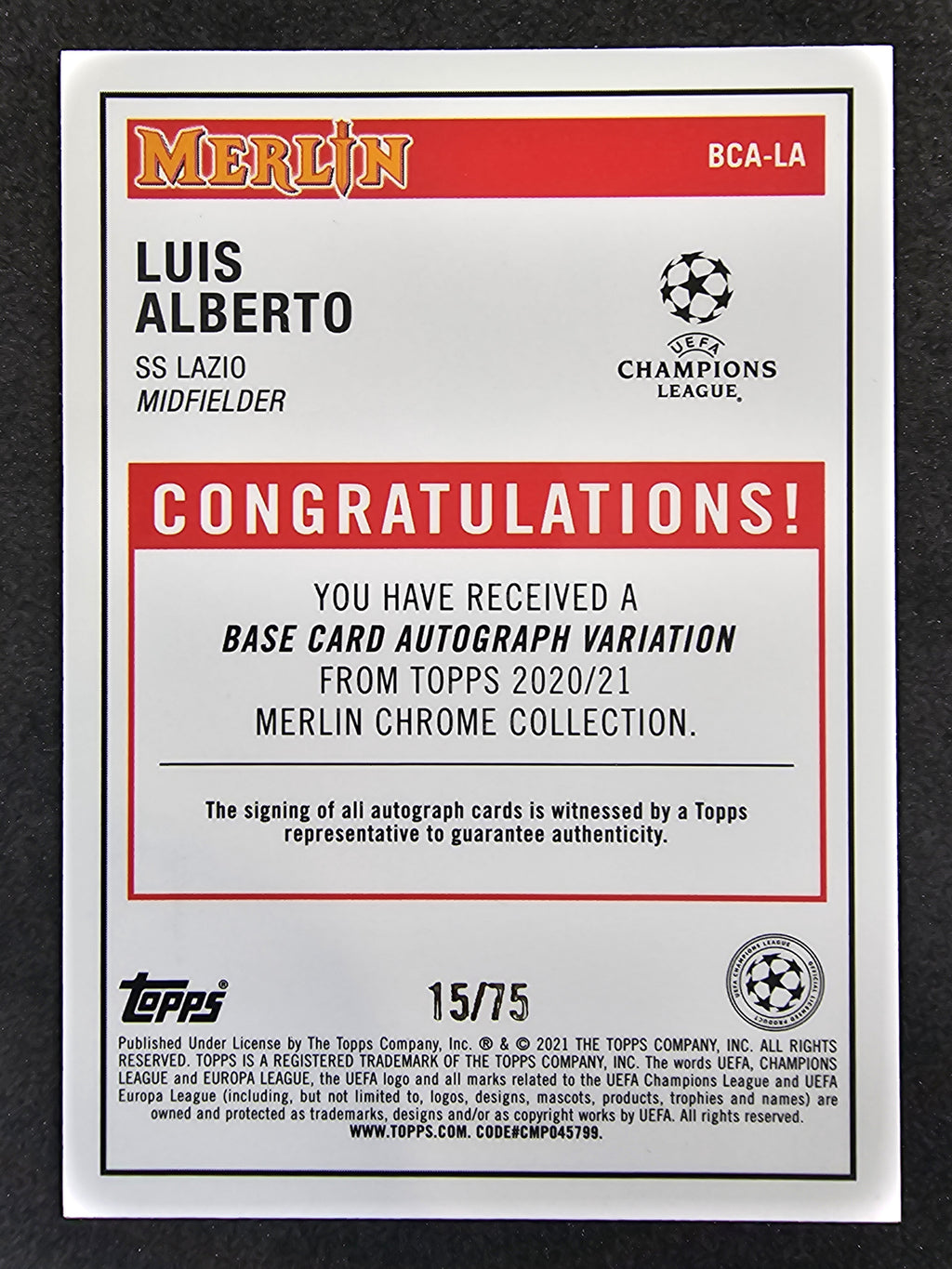 2020-21 Merlin UEFA CL #BCA-LA Luis Alberto Chrome Autographs Blue