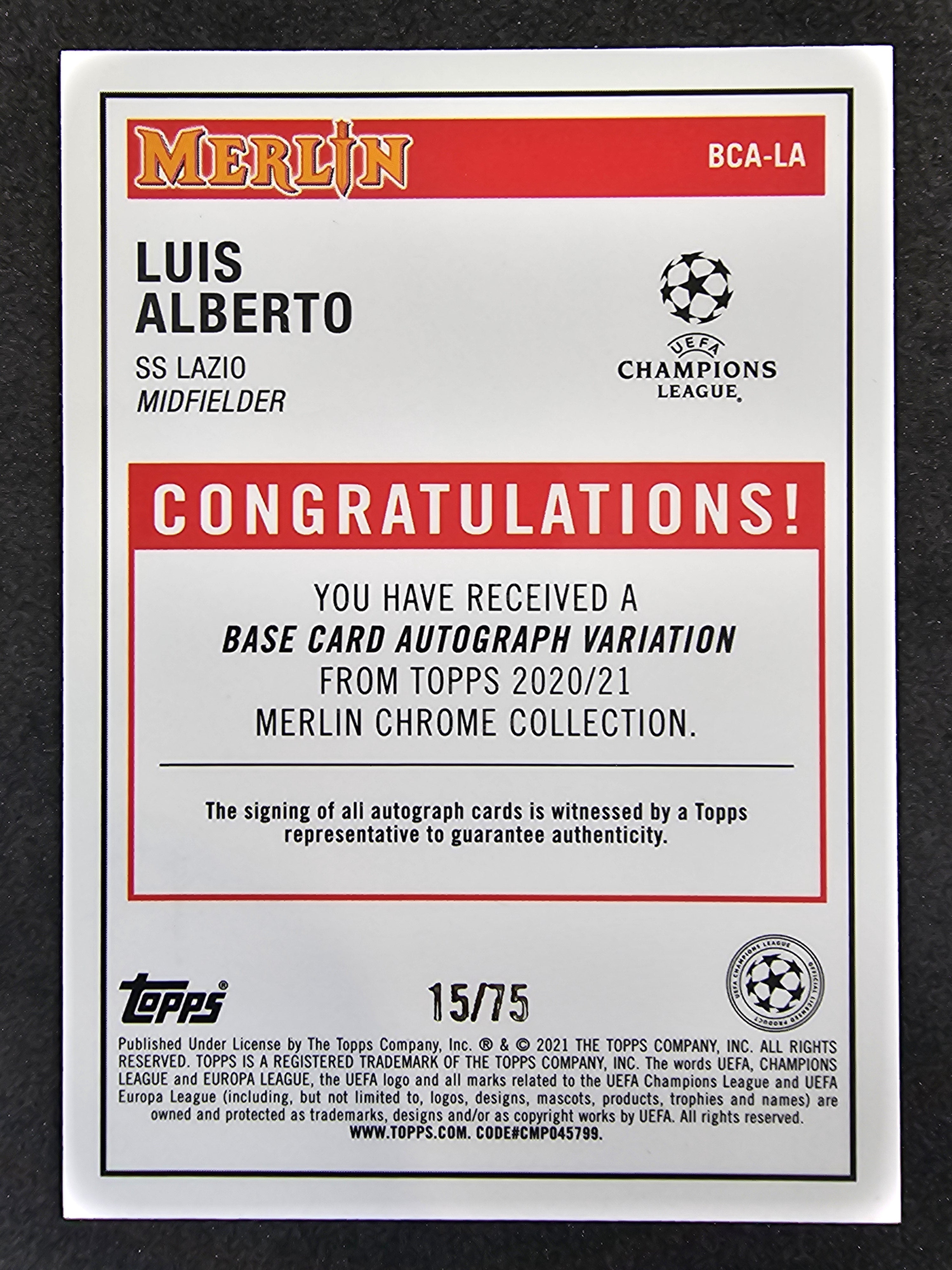 2020-21 Merlin UEFA CL #BCA-LA Luis Alberto Chrome Autographs Blue