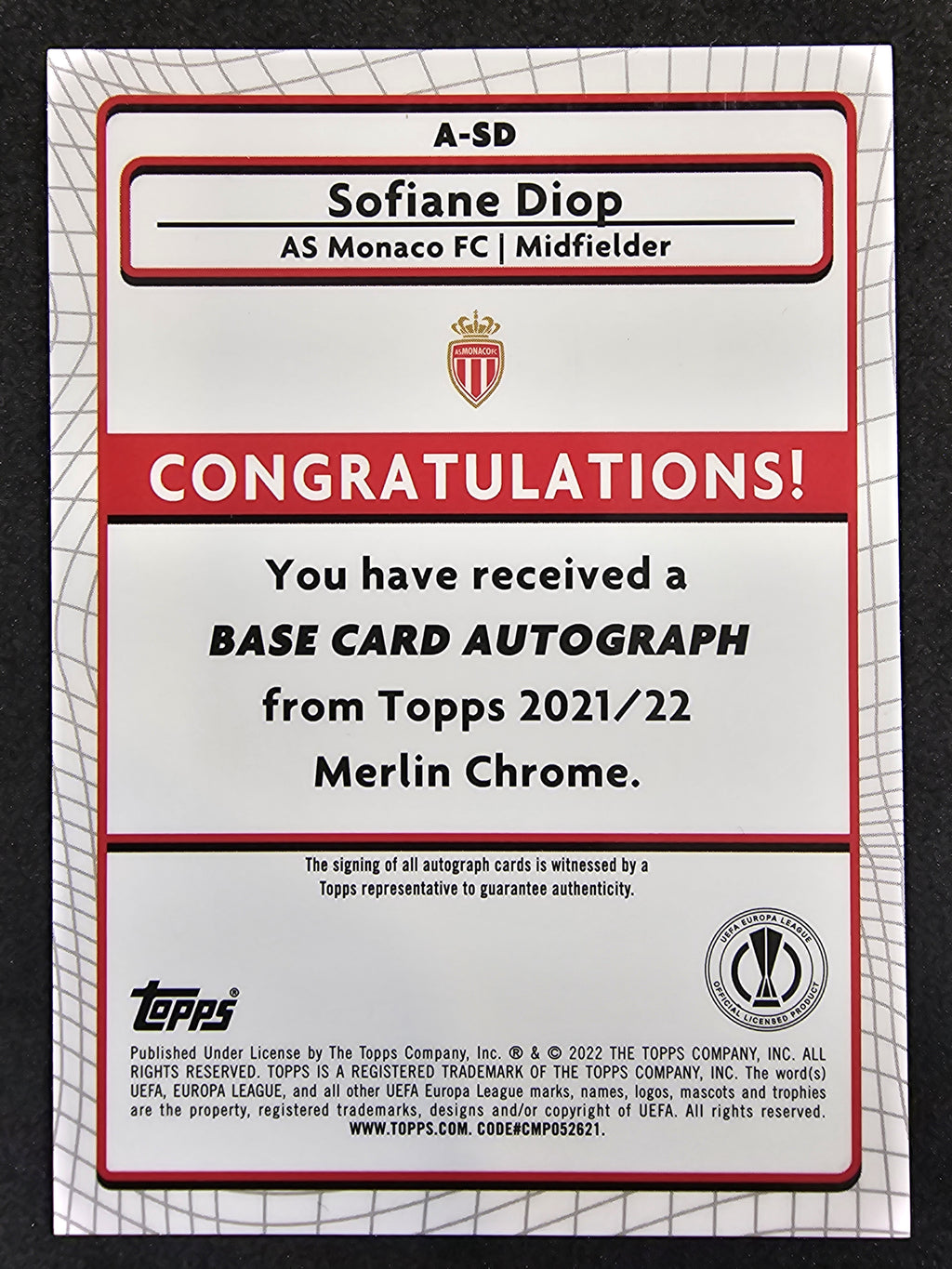 2021-22 Merlin UCL #45 Sofiane Diop Auto Refractor