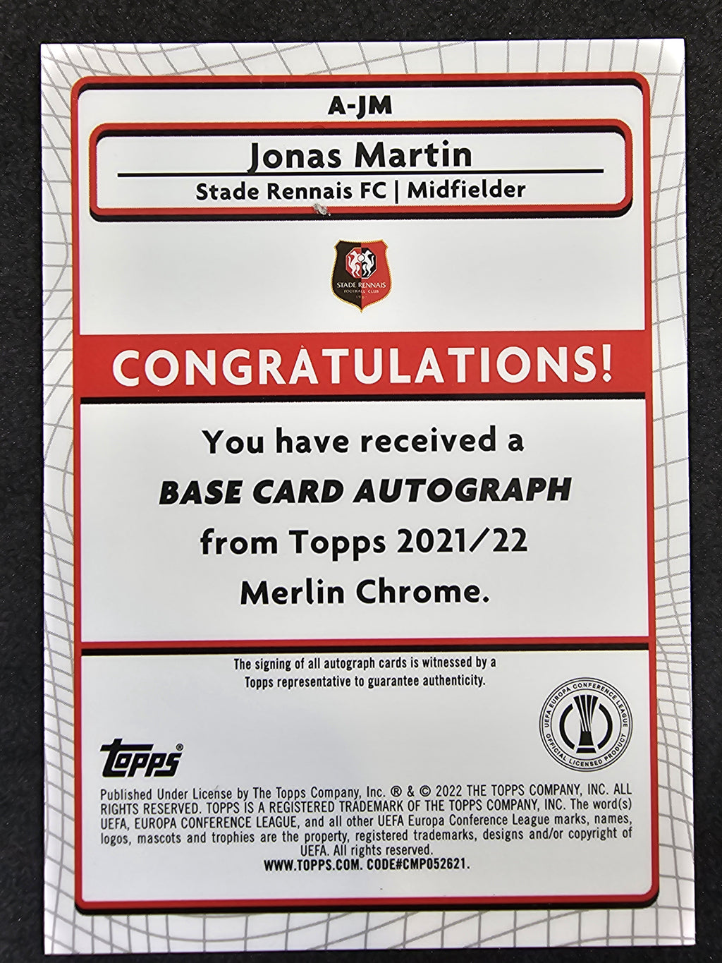 2021-22 Merlin UCL #A-JM Jonas Martin Autographs Refractor
