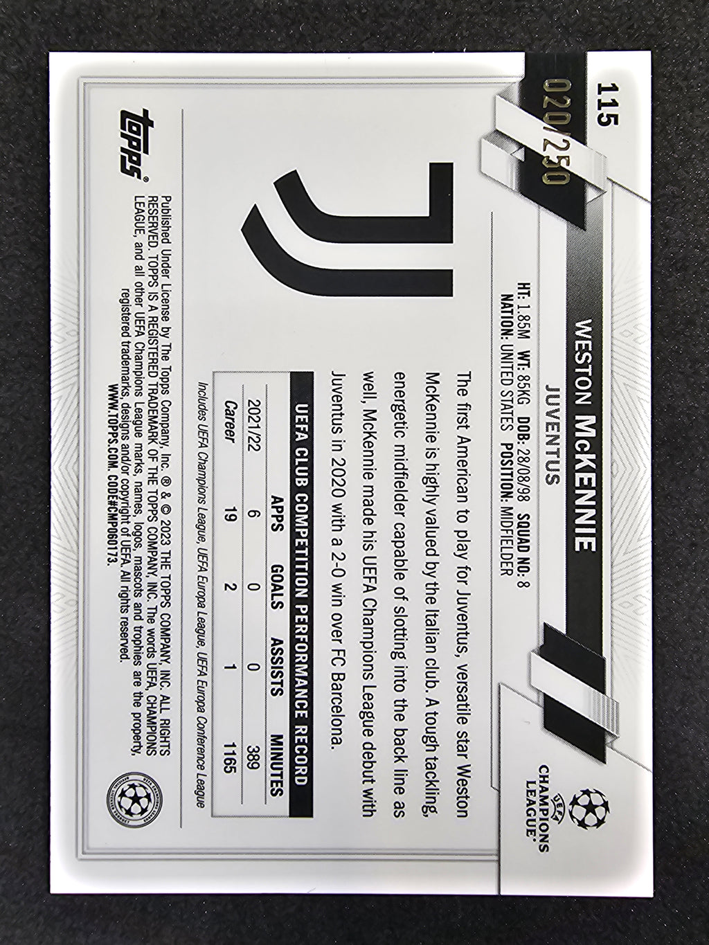2022-23 Topps Chrome UEFA CC / 250 #115 Weston McKennie Pink Shimmer Refractor