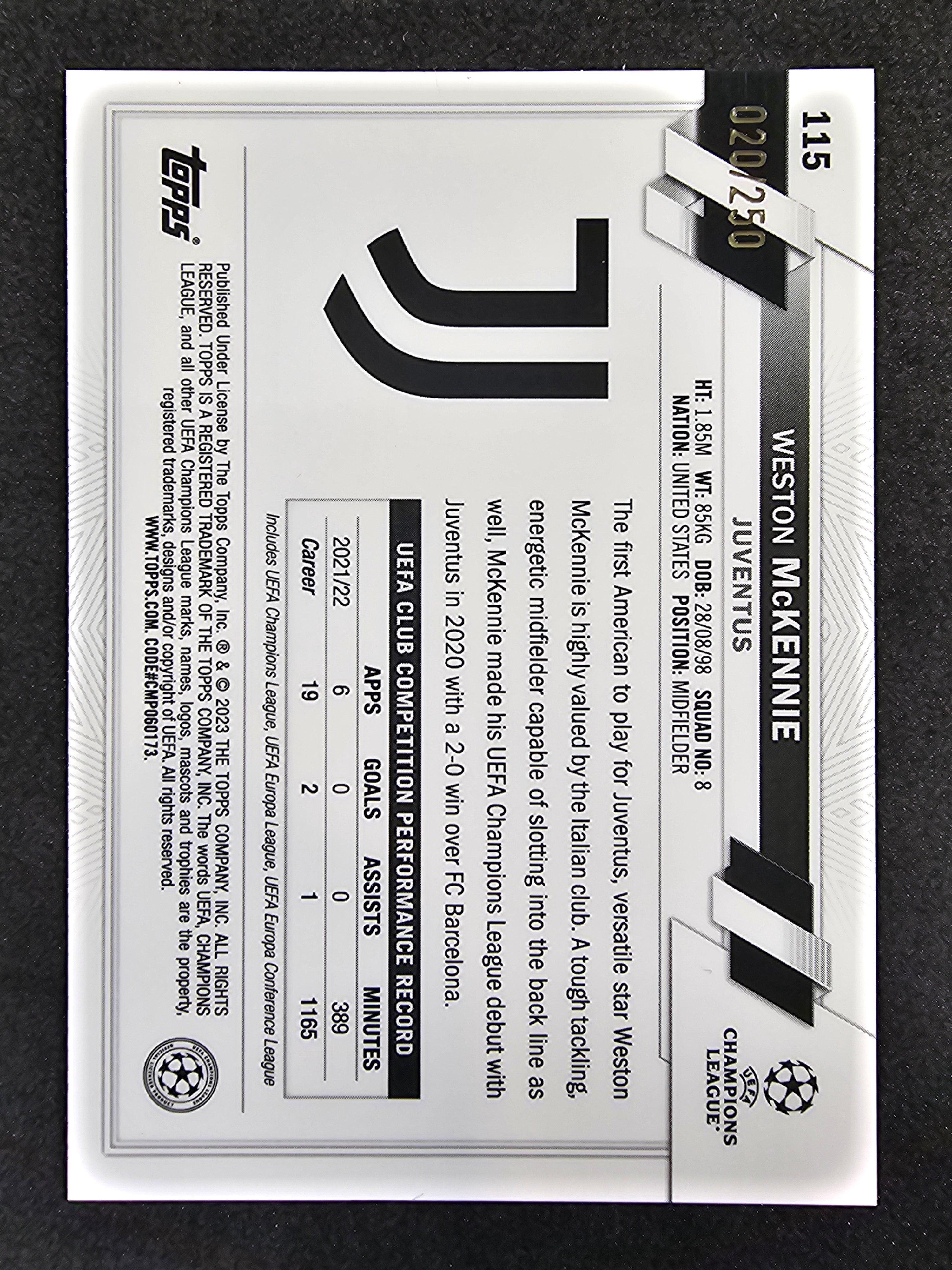 2022-23 Topps Chrome UEFA CC / 250 #115 Weston McKennie Pink Shimmer Refractor