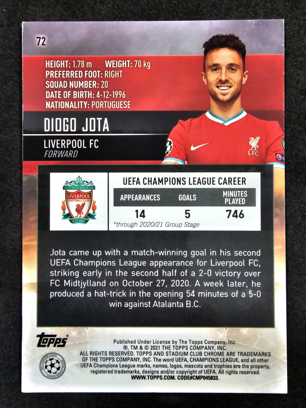 2020-21 Stadium Club Chrome UCL Orange Yellow Refractor #72 Diogo Jota