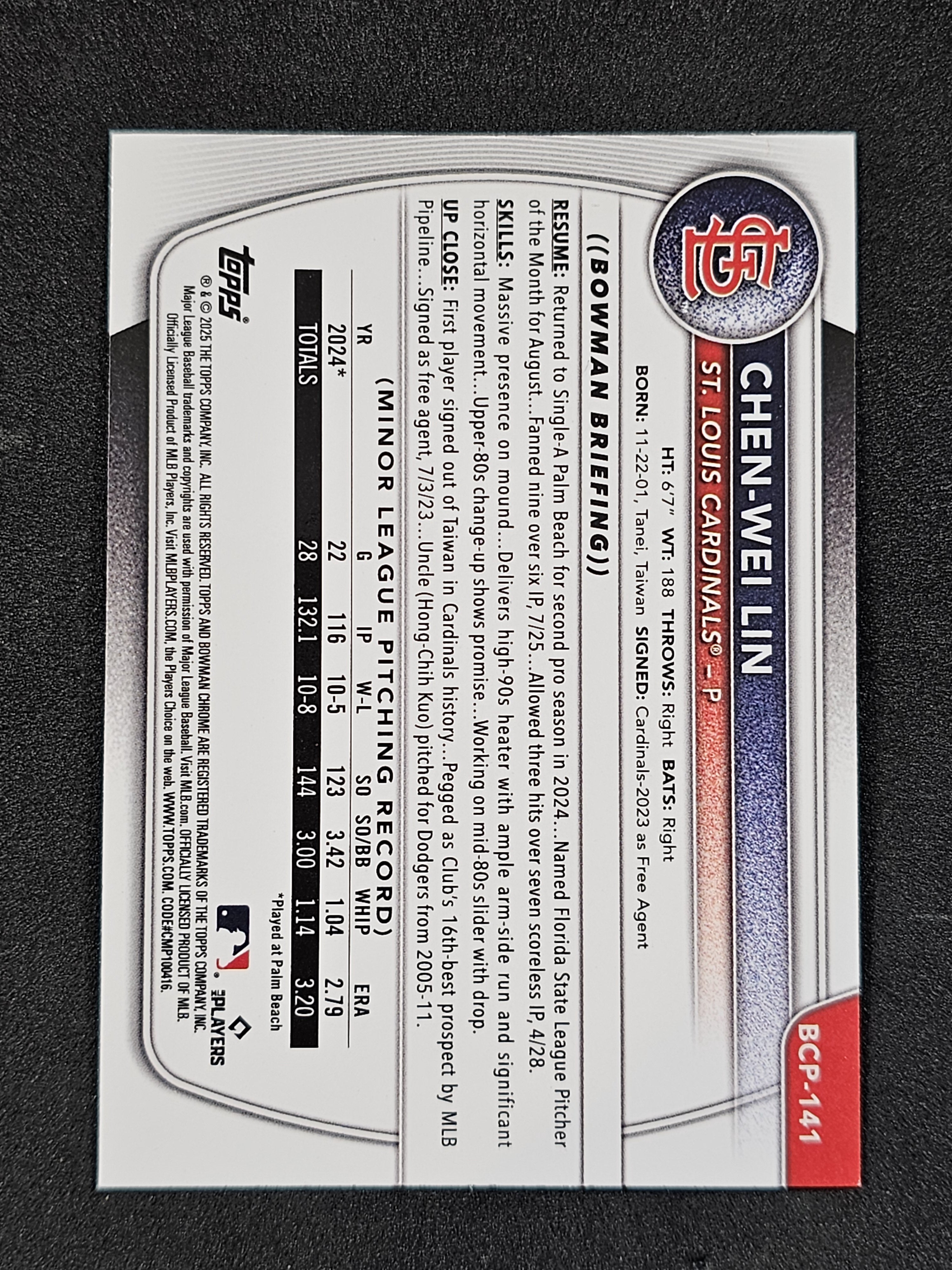 2025 Bowman #BCP-141 Chen-Wei Lin Chrome Prospects Purple Refractor #/250