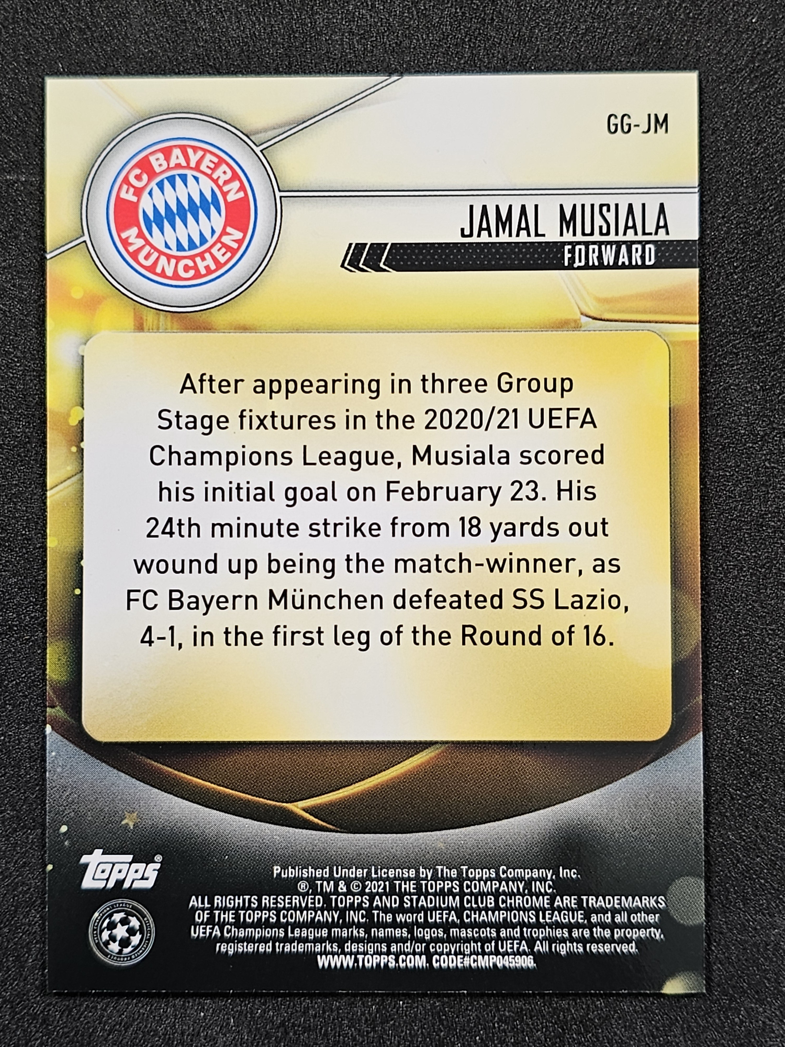 2020-21 Stadium Club Chrome UEFA CL #GG-JM Jamal Musiiala Glimpses of Gold