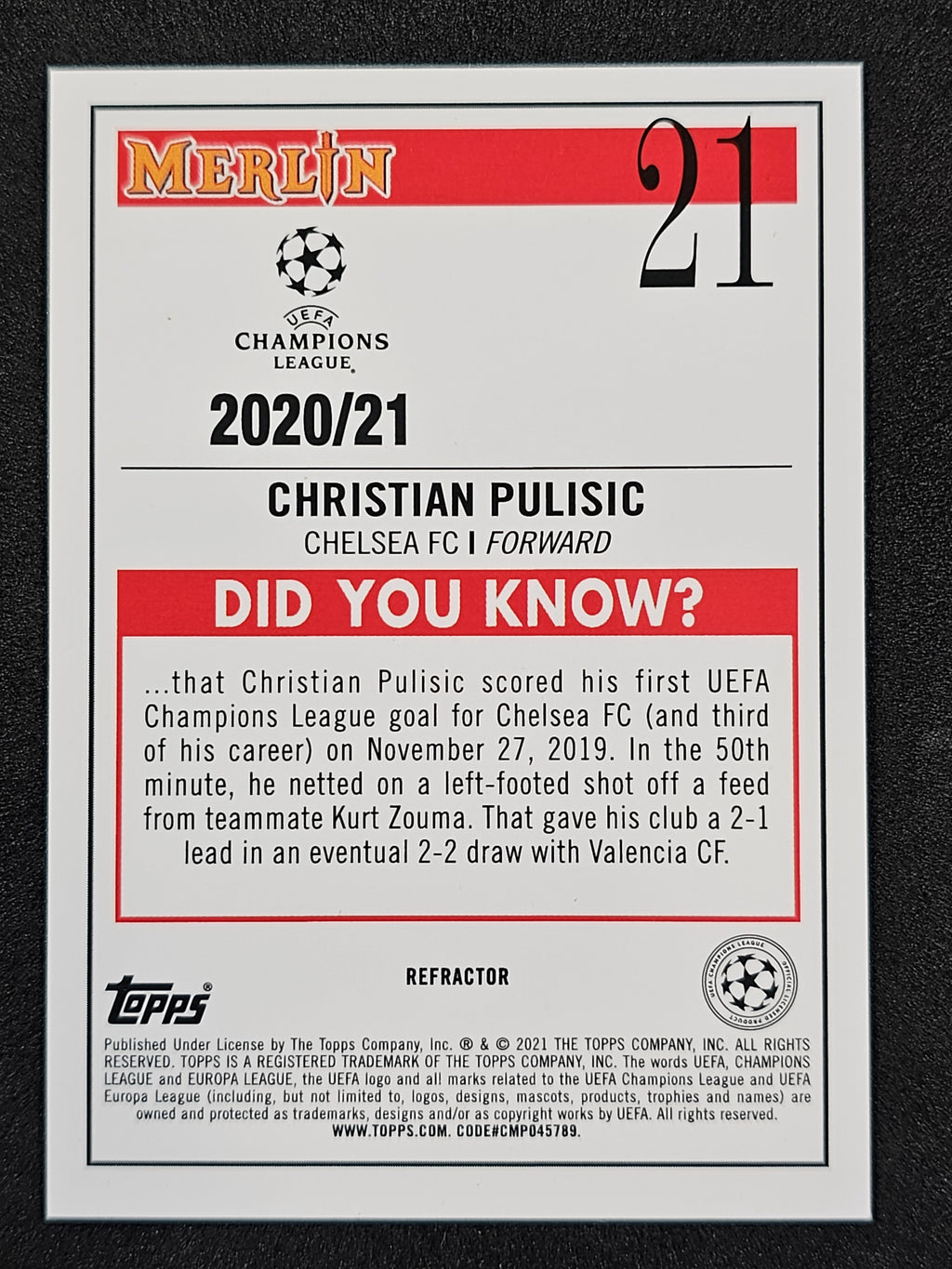 2020-21 Merlin UEFA Champions League #21 Christian Pulisic Refractor