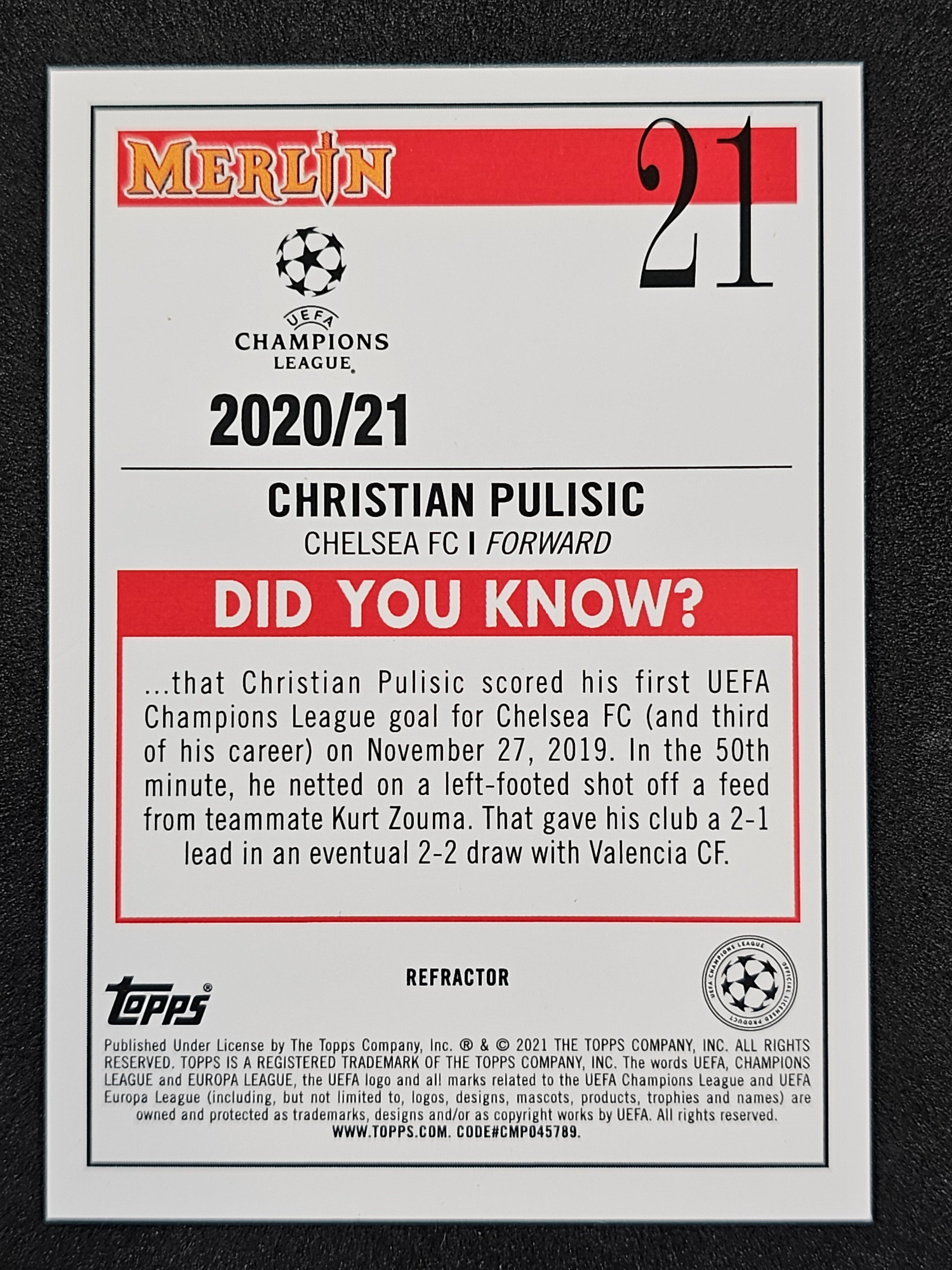 2020-21 Merlin UEFA Champions League #21 Christian Pulisic Refractor