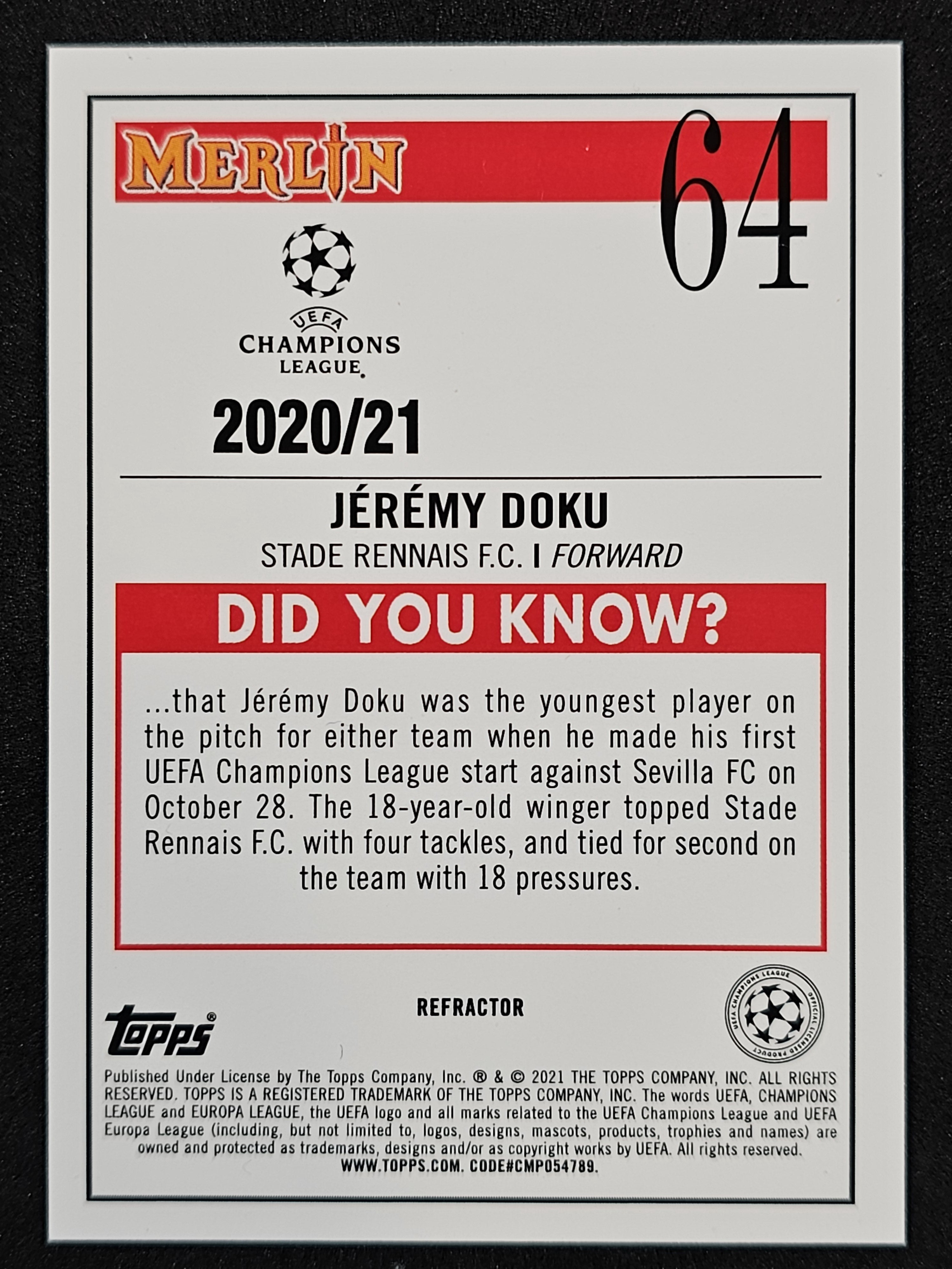 2020-21 Merlin UEFA Champions League #64 Jérémy Doku Refractor
