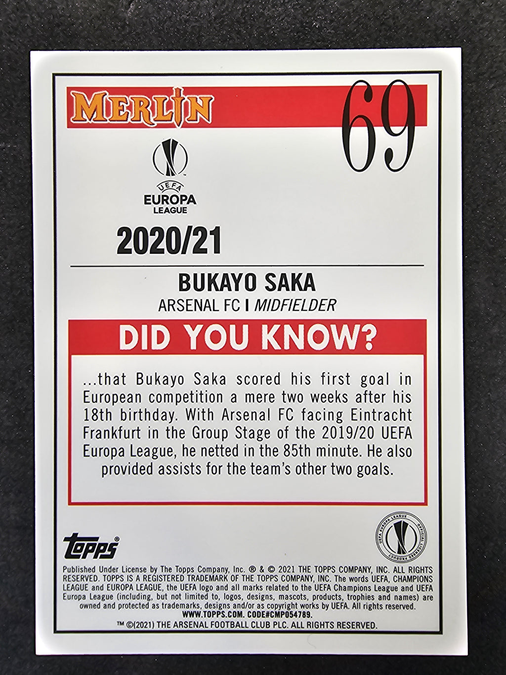 2020-21 Merlin UEFA Champions League #69 Bukayo Saka Aqua Prism