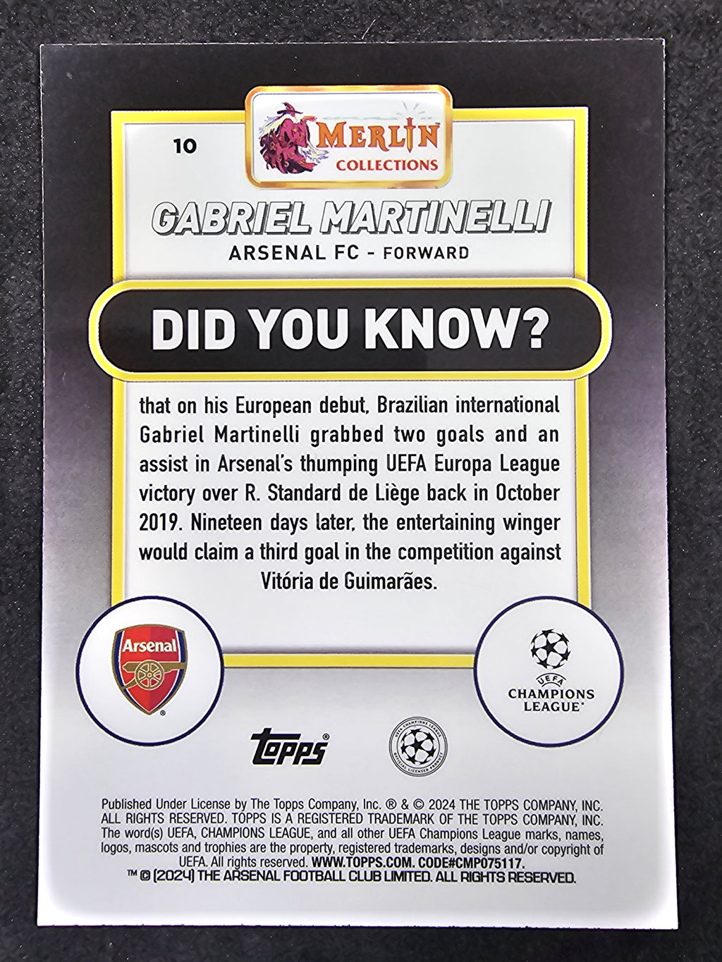 2023-24 Merlin UCC #10 Gabriel Martinelli Atomic Refractor
