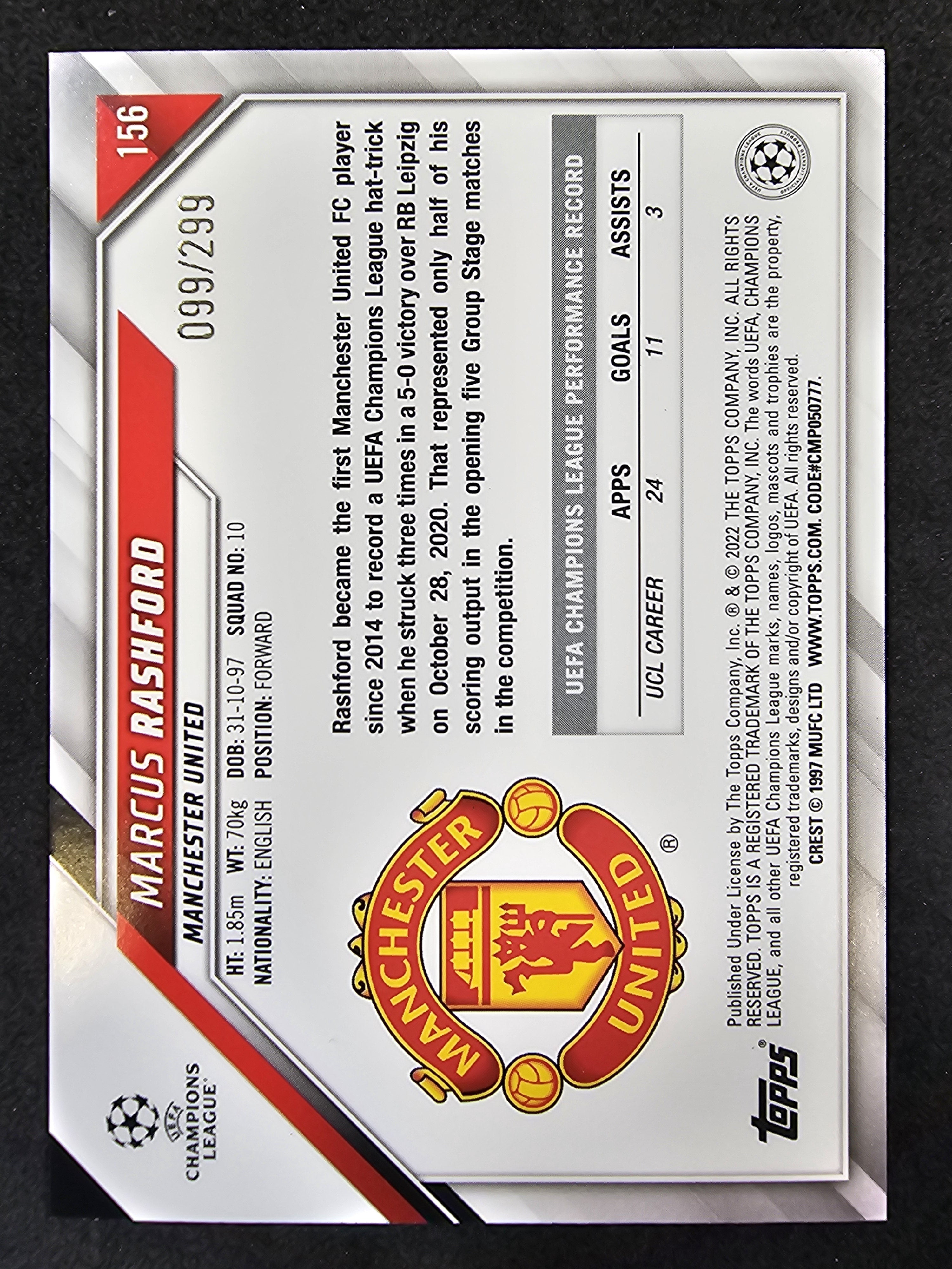 2021-22 Topps UCL #111 Marcus Rashford Aqua Foil /299