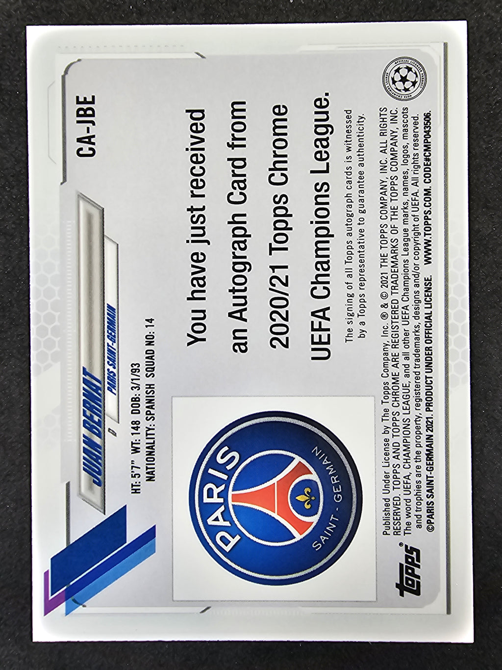 2020-21 Topps Chrome UEFA Champions League #CA-JBE Juan Bernat Autographs