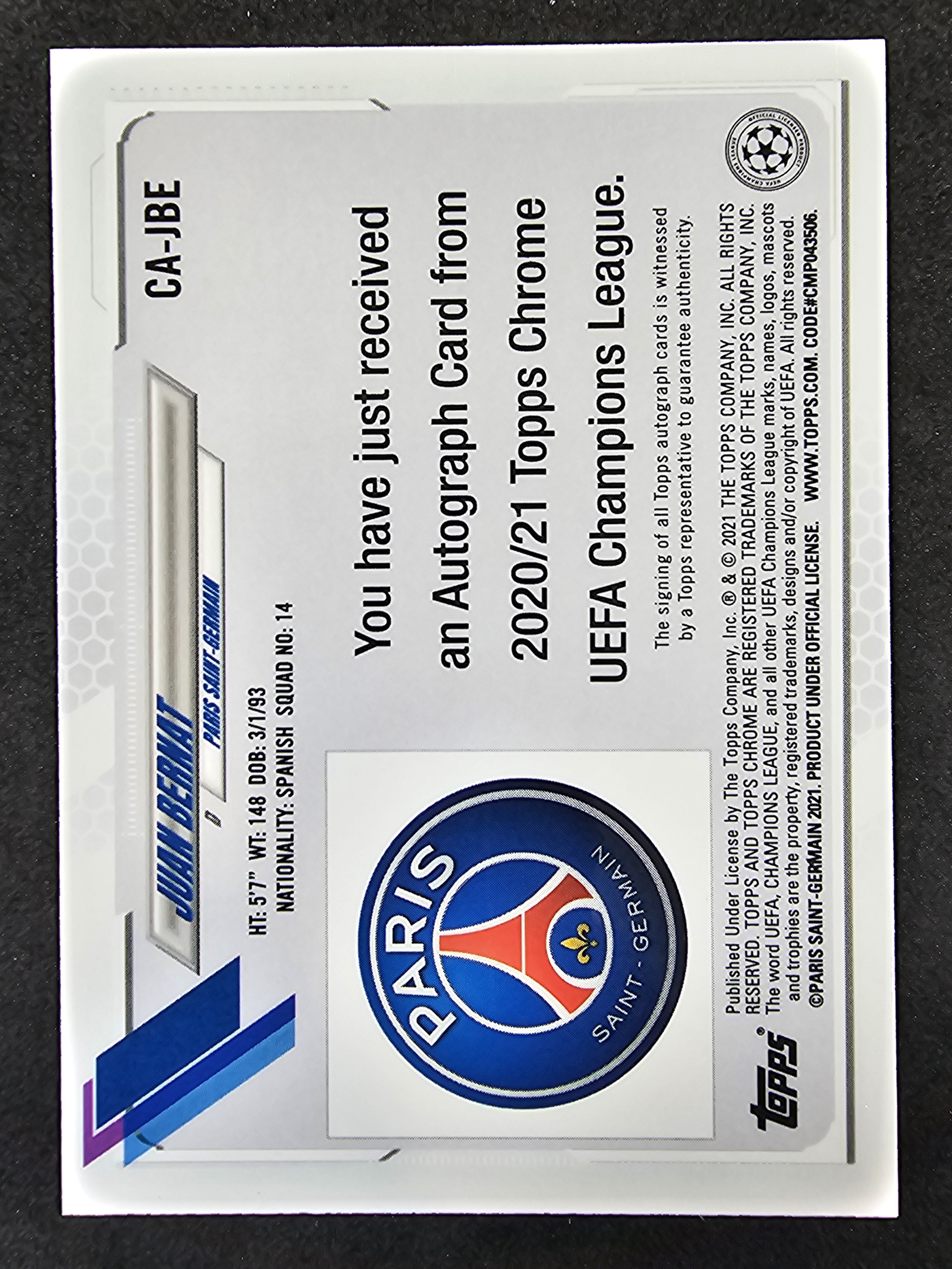 2020-21 Topps Chrome UEFA Champions League #CA-JBE Juan Bernat Autographs