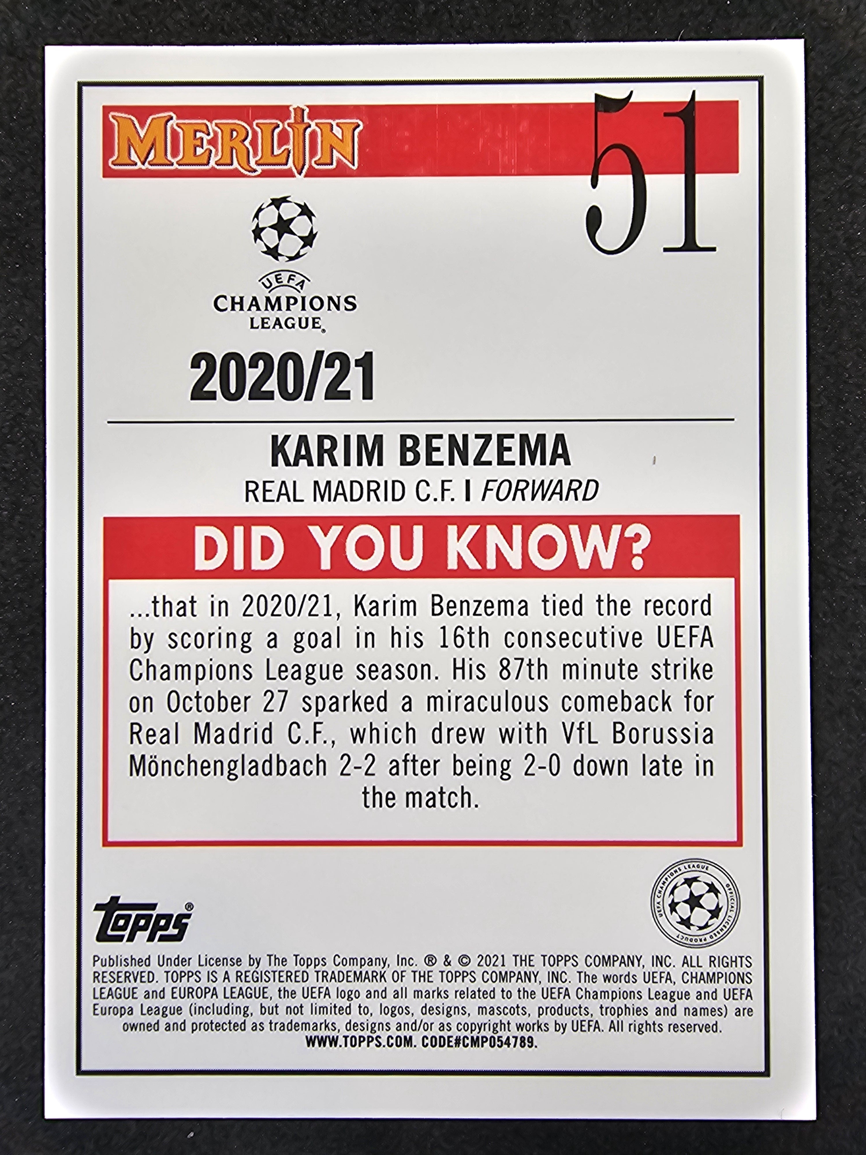 2020-21 Merlin UEFA Champions League #51 Karim Benzema Aqua Prism