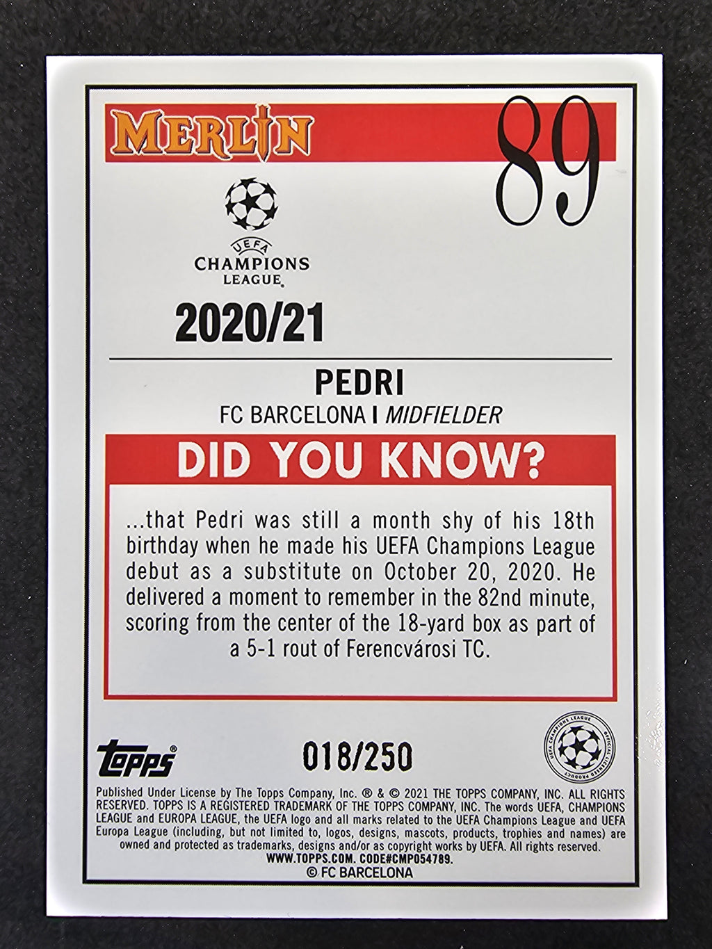 2020-21 Merlin UEFA Champions League #89 Pedri Atomic #/250