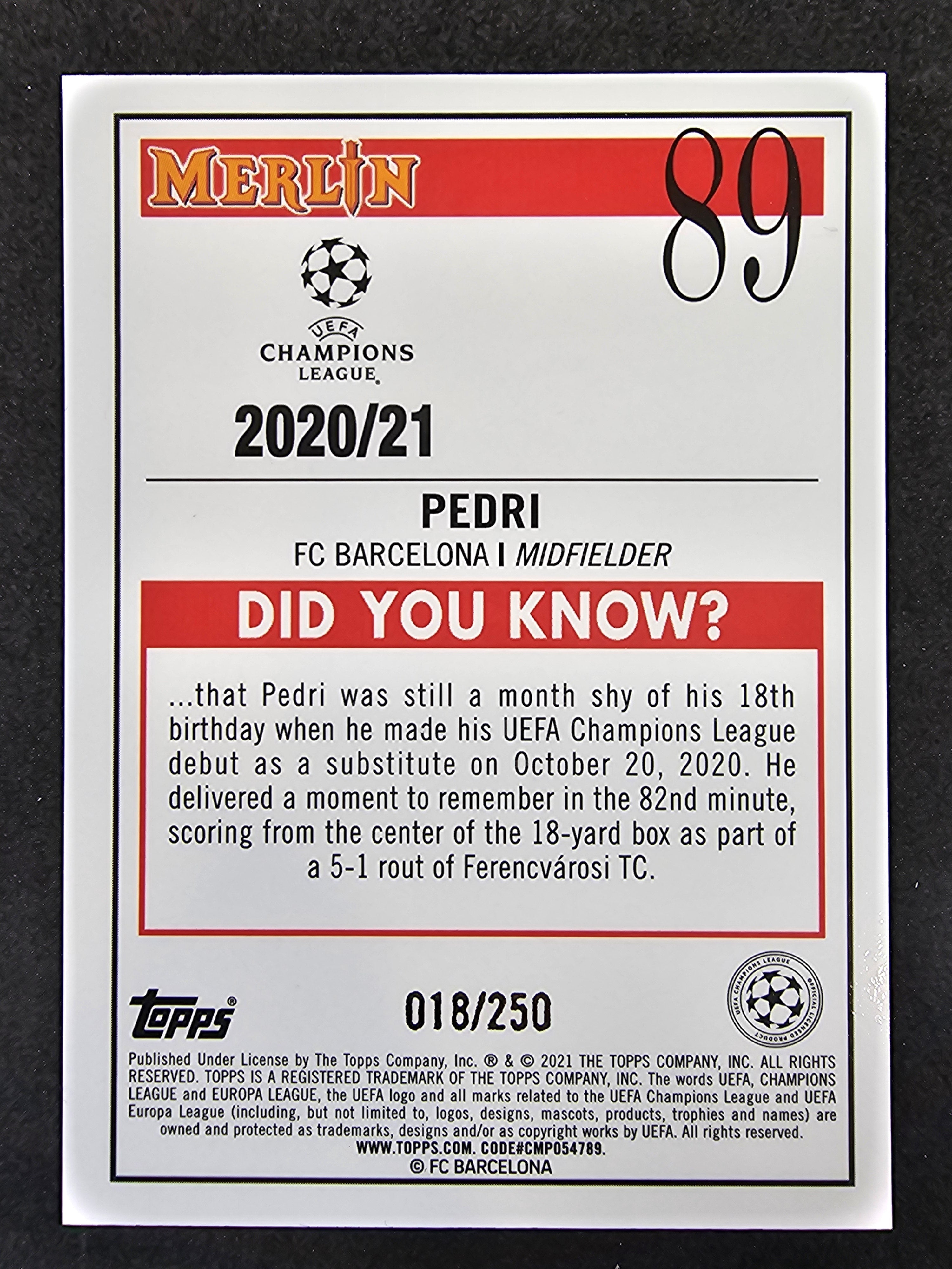 2020-21 Merlin UEFA Champions League #89 Pedri Atomic #/250