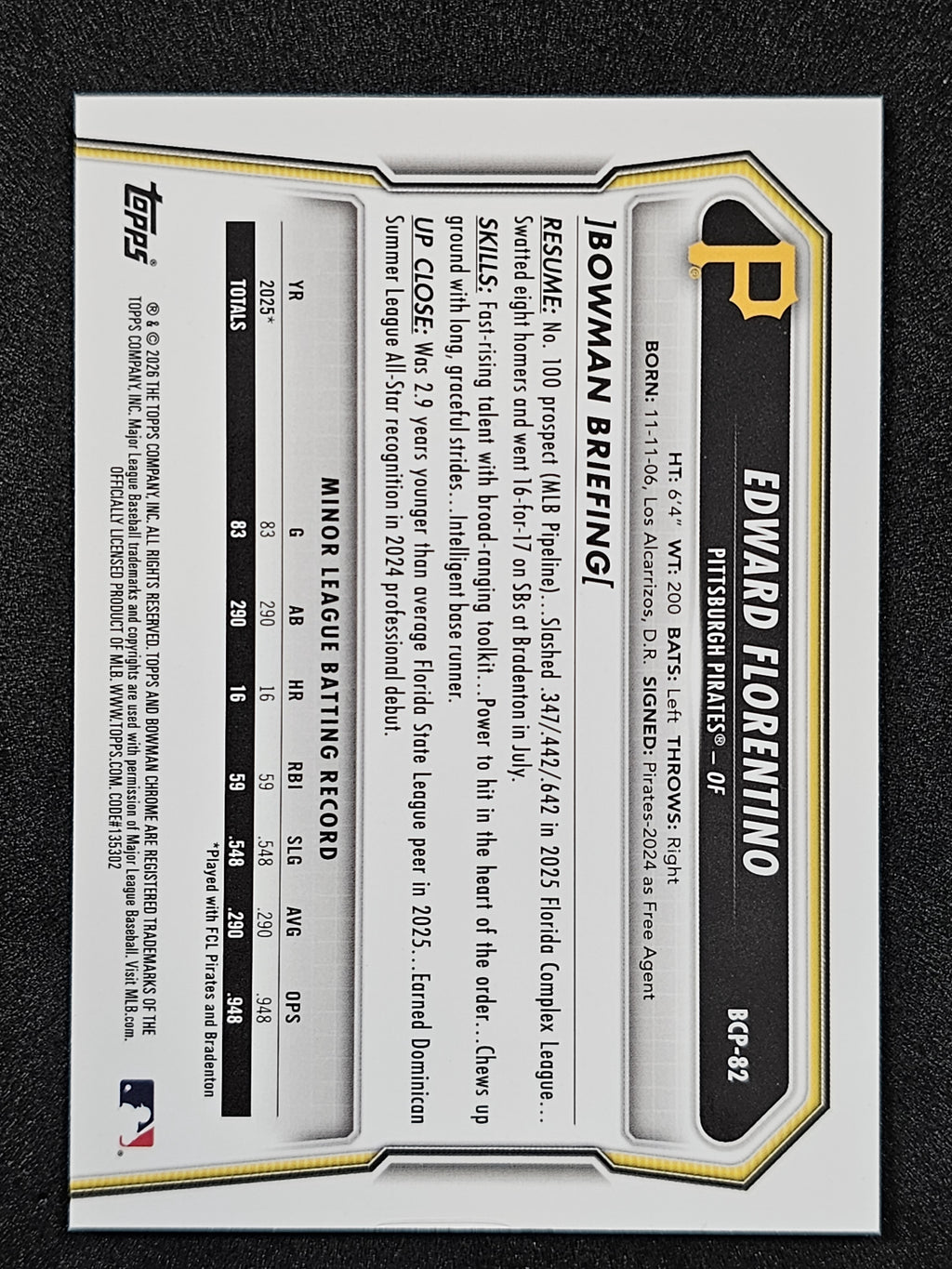 2026 Bowman #BCP-82 Edward Florentino Chrome Prospects Reptilian Refractor