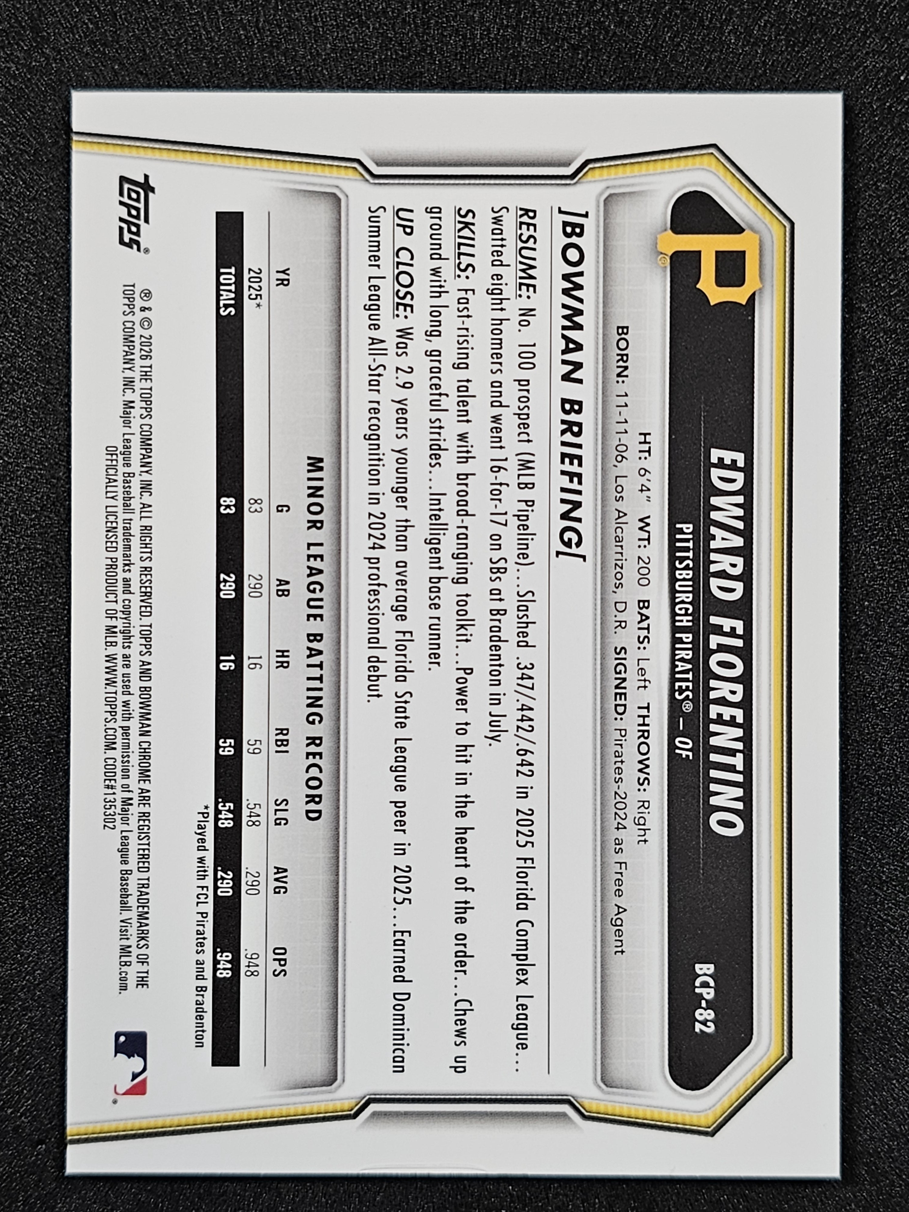 2026 Bowman #BCP-82 Edward Florentino Chrome Prospects Reptilian Refractor
