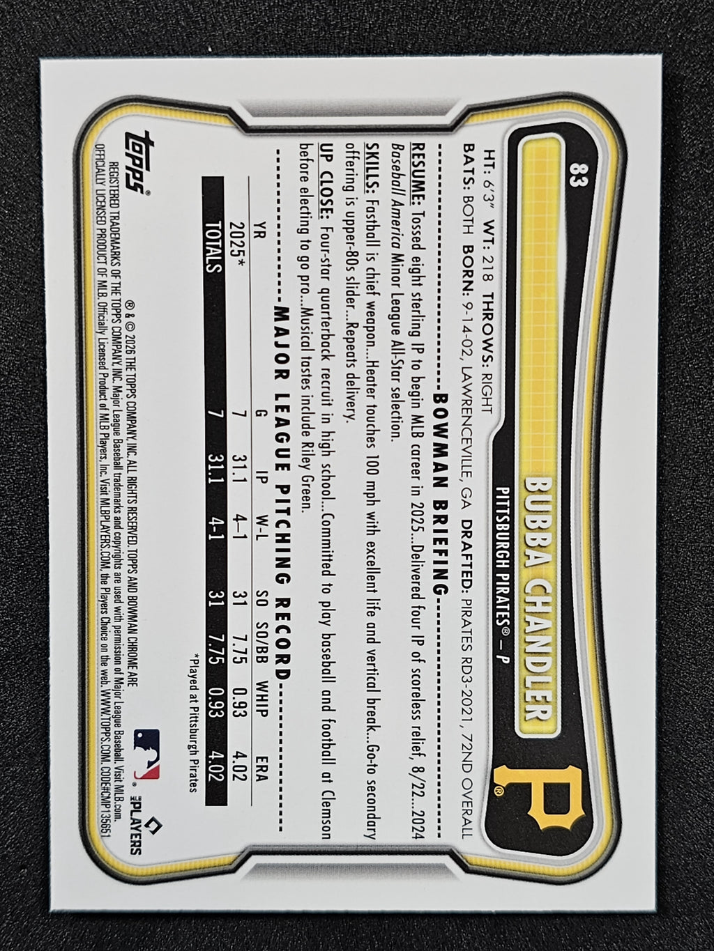 2026 Bowman #83 Bubba Chandler Chrome Mojo Refractors