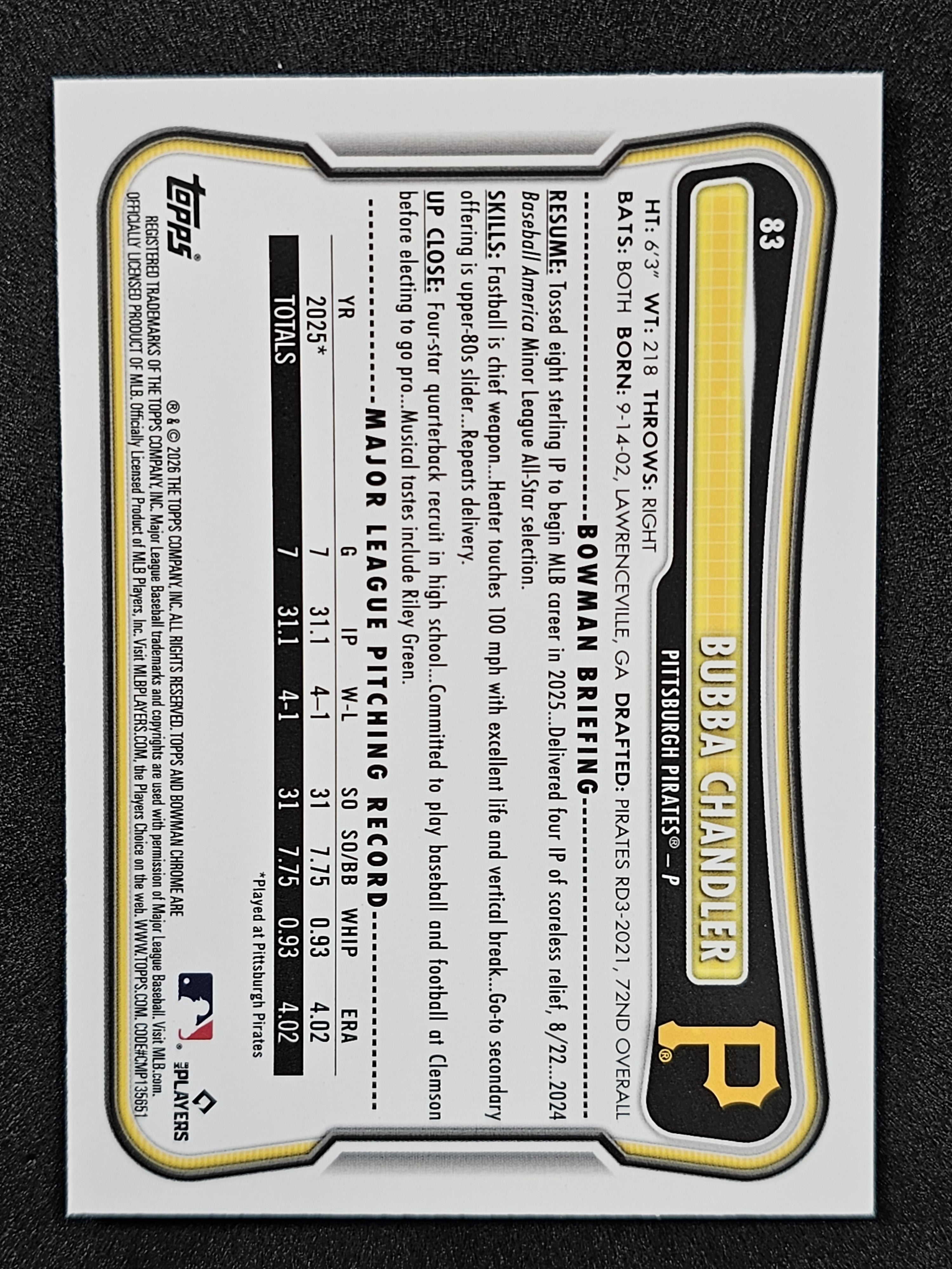 2026 Bowman #83 Bubba Chandler Chrome Mojo Refractors