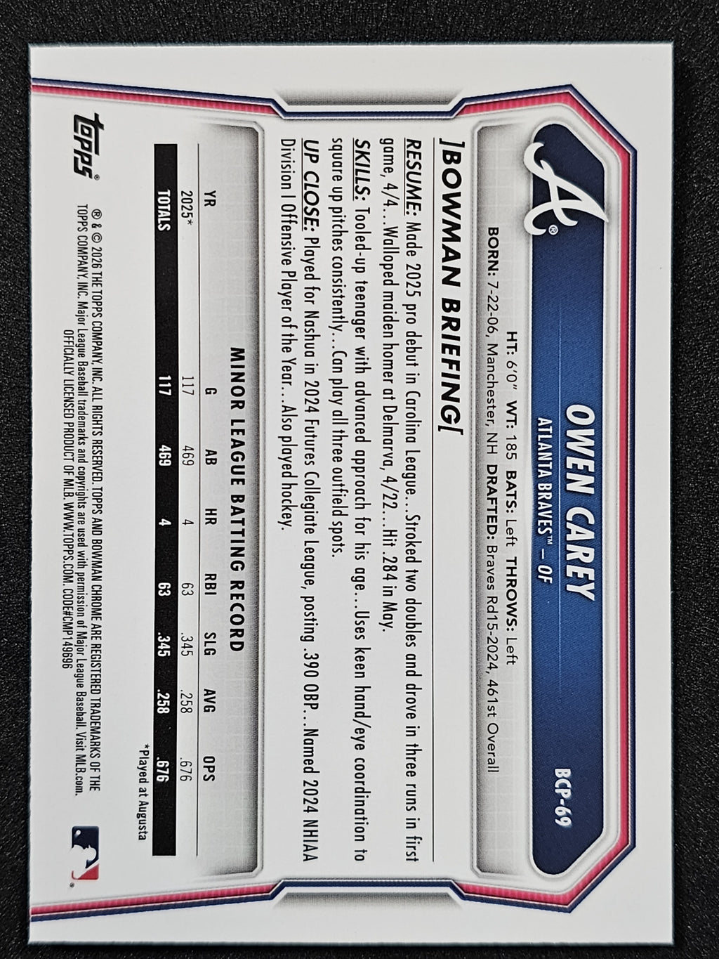 2026 Bowman #BCP-69 Owen Carey Chrome Prospects Mojo Refractor