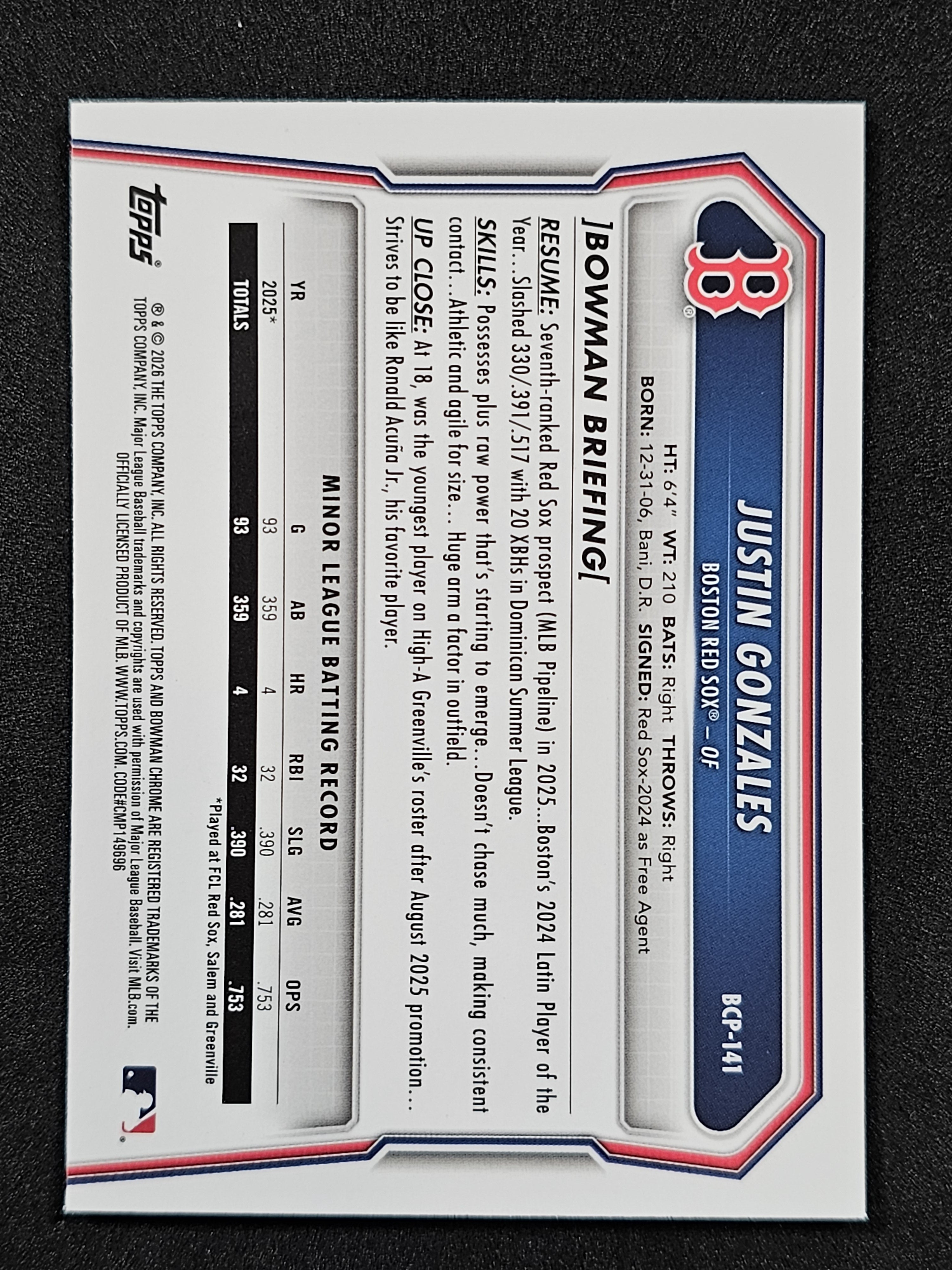 2026 Bowman #BCP-141 Justin Gonzales Chrome Prospects Mojo Refractor
