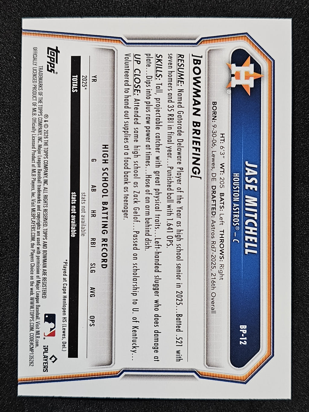 2026 Bowman #BP-12 Jase Mitchell Prospects Fuchsia #/299