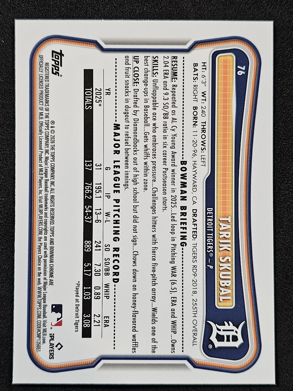 2026 Bowman #76 Tarik Skubal Chrome Mojo Refractors