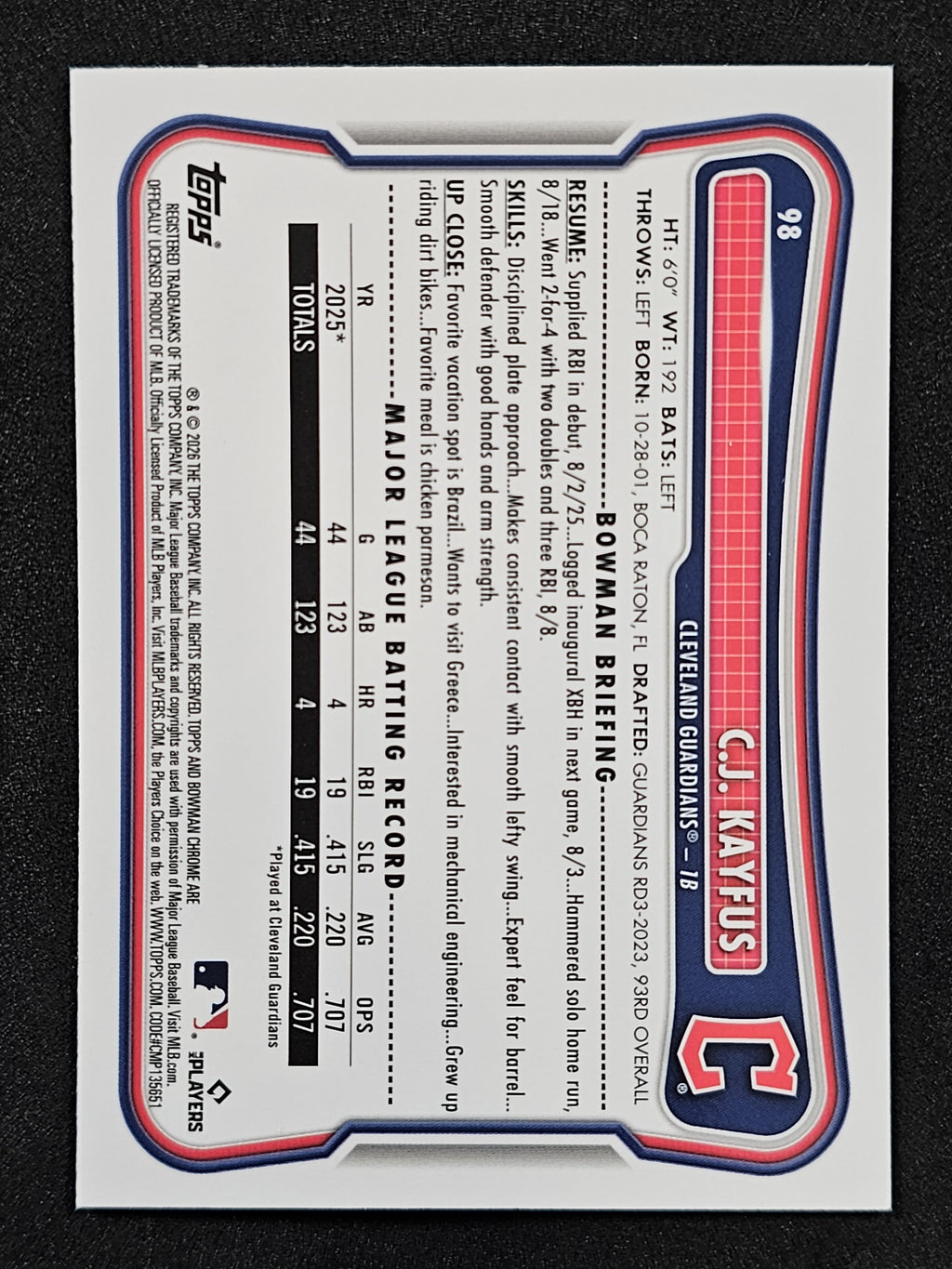 2026 Bowman #98 C.J. Kayfus Chrome Mojo Refractors