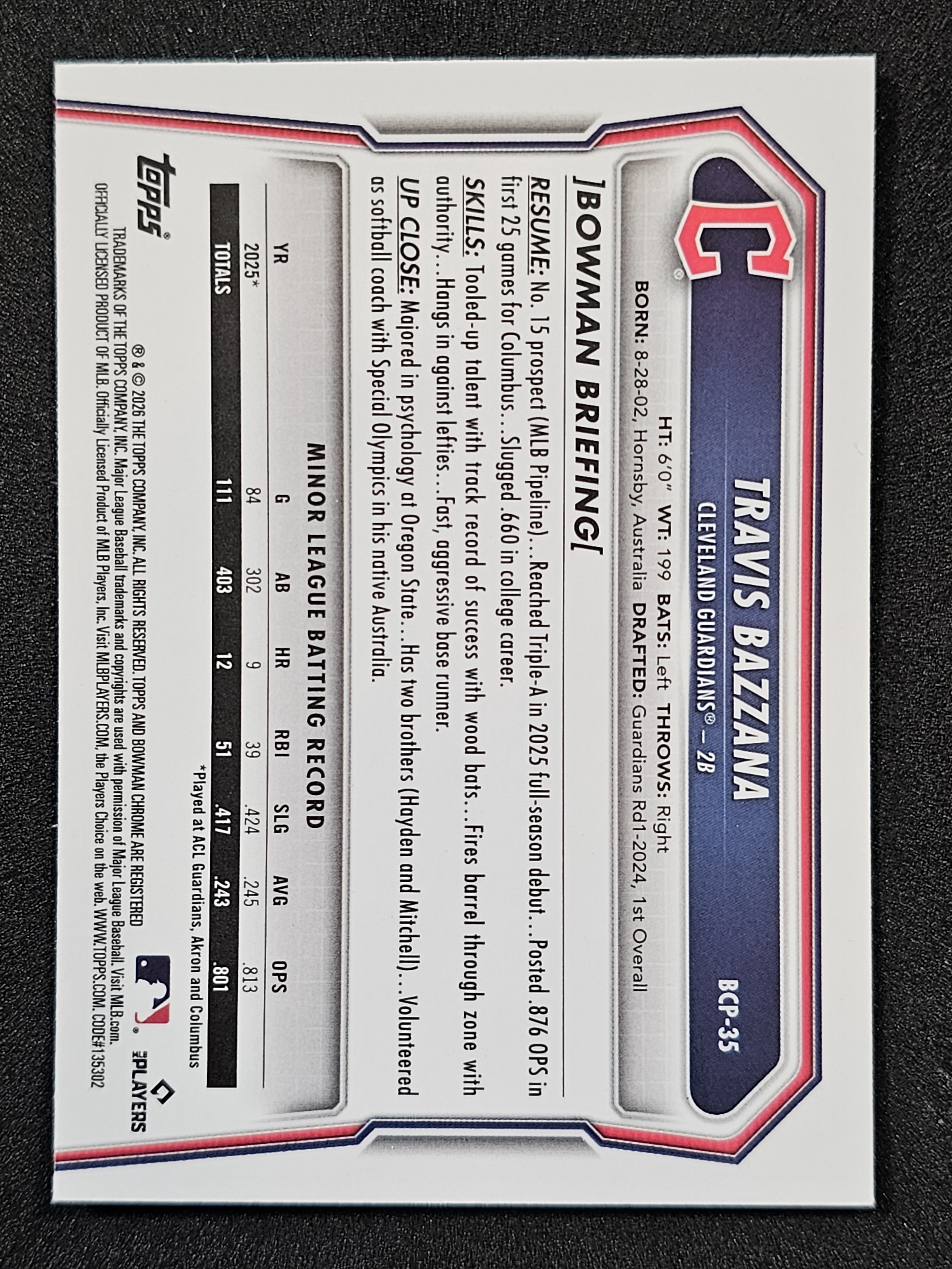 2026 Bowman #BCP-35 Travis Bazzana Chrome Prospects Lazer Refractor