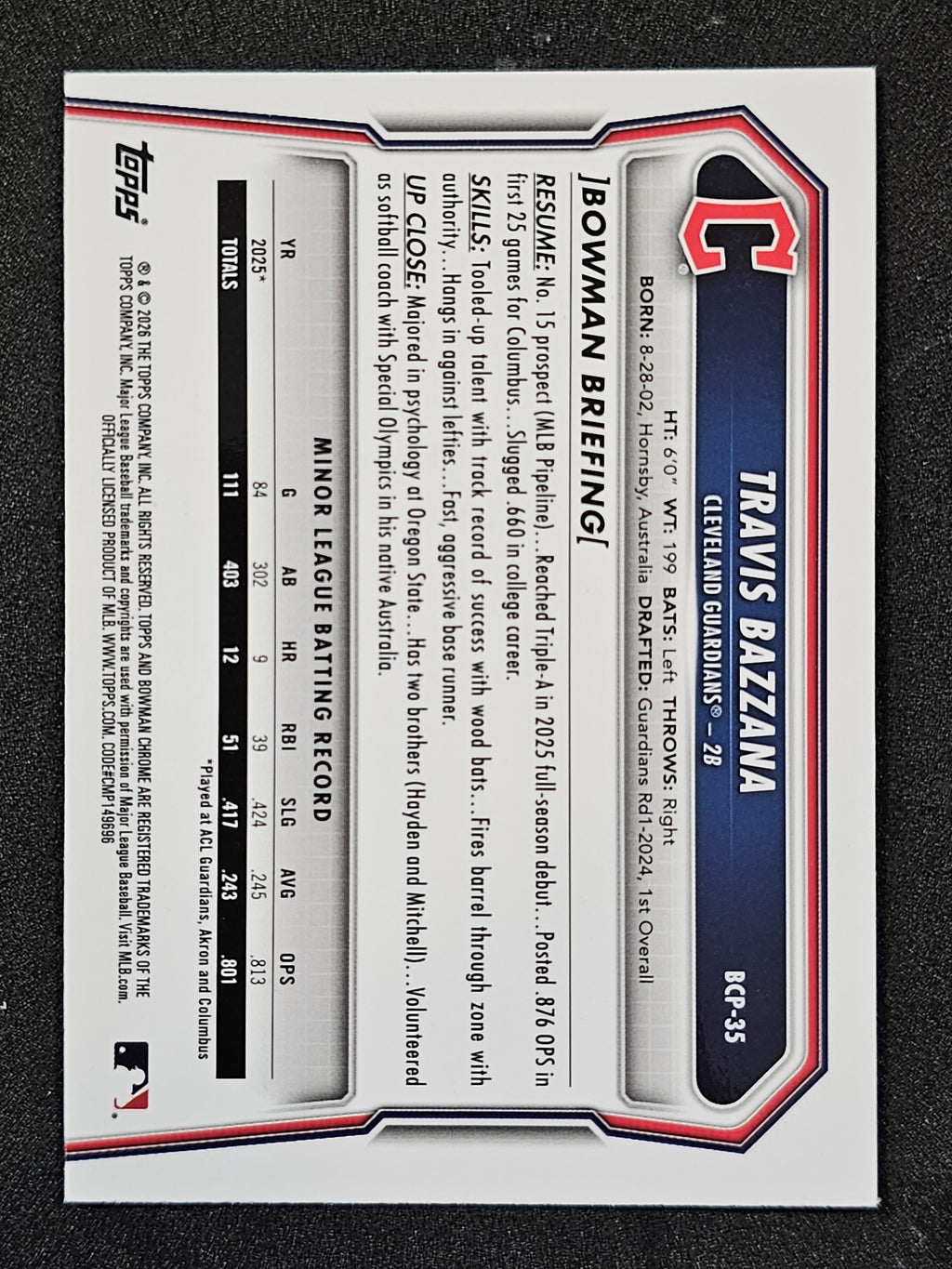 2026 Bowman #BCP-35 Travis Bazzana Chrome Mojo Sky Blue Refractor