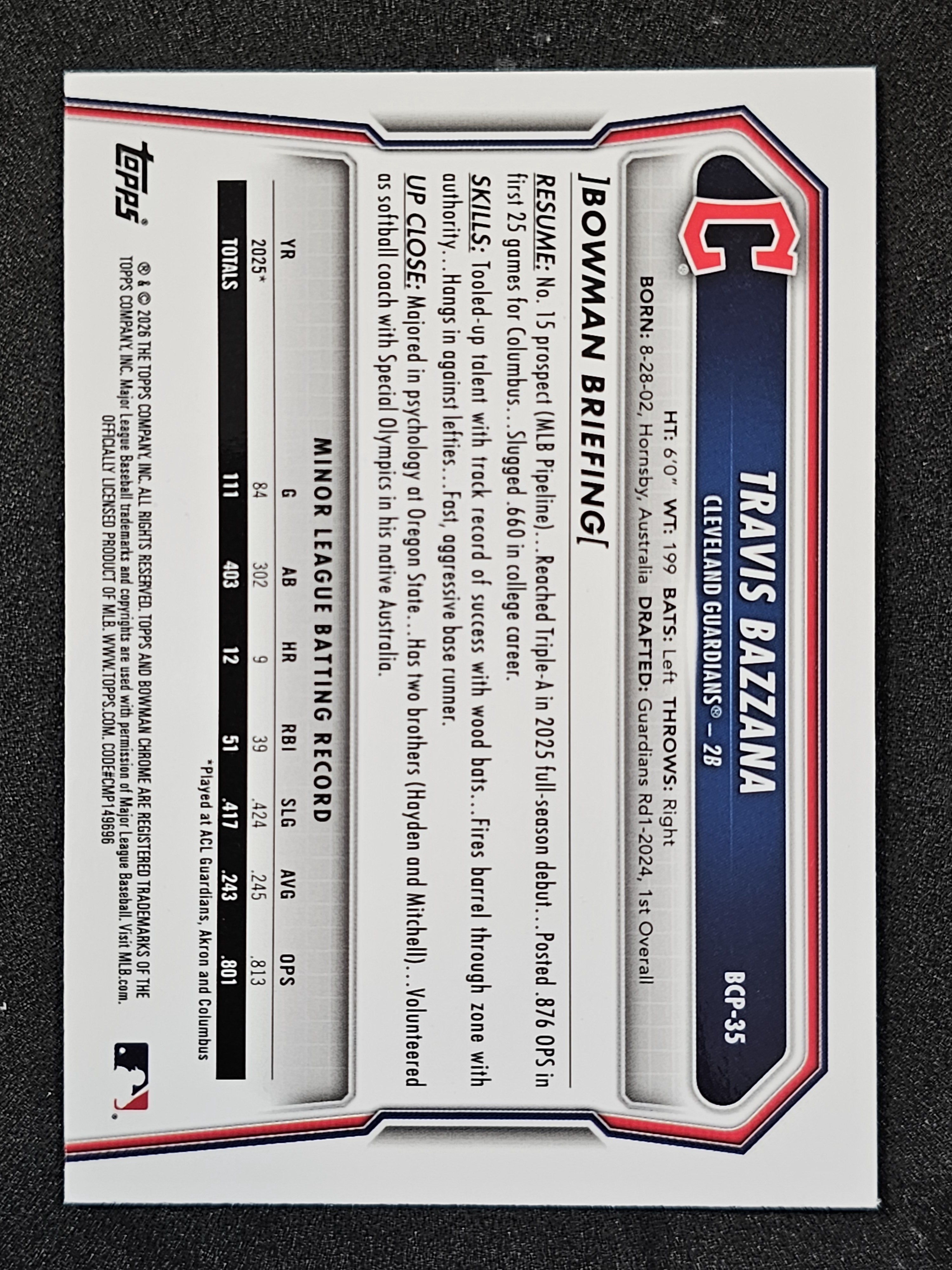 2026 Bowman #BCP-35 Travis Bazzana Chrome Mojo Sky Blue Refractor