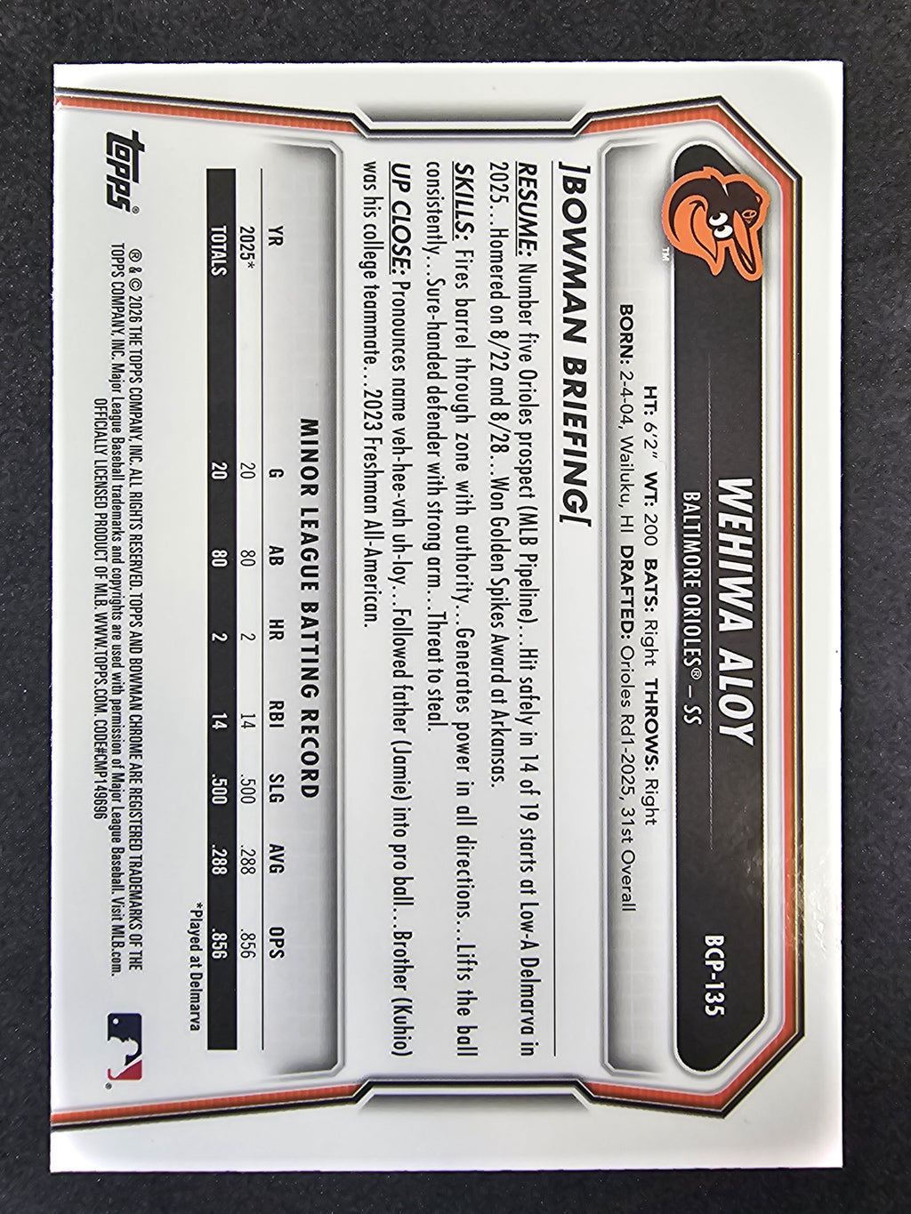 2026 Bowman #BCP-135 Wehiwa Aloy Chrome Prospects Mojo Refractor