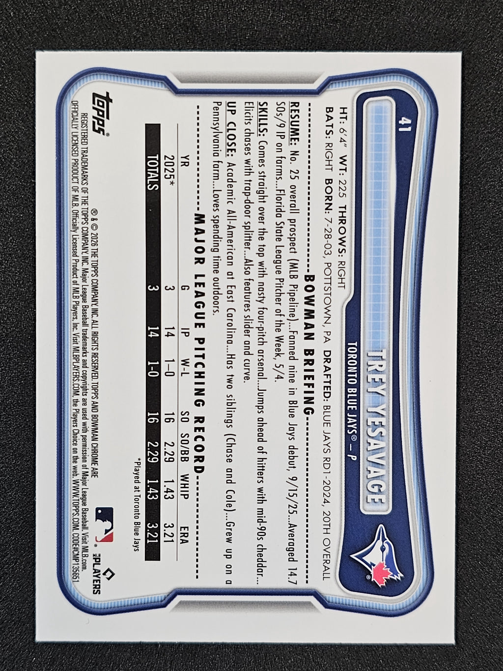 2026 Bowman #41 Trey Yesavage Chrome Mojo Refractors