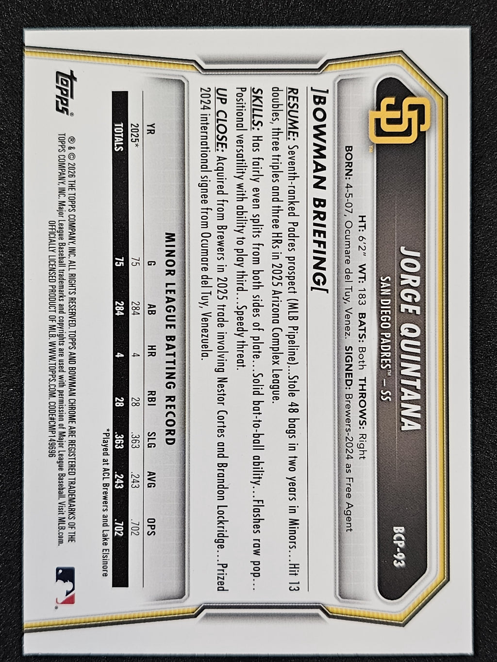 2026 Bowman #BCP-93 Jorge Quintana Chrome Prospects Mojo Refractor