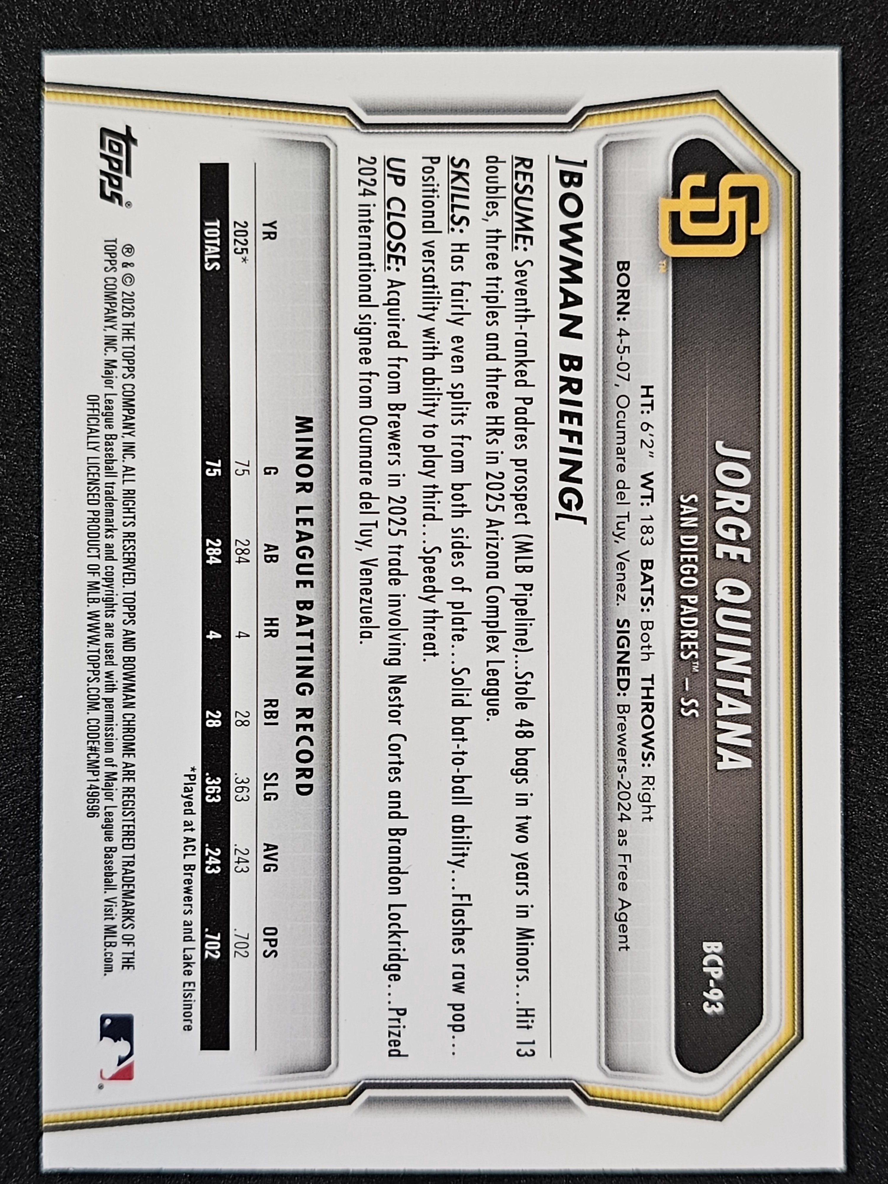 2026 Bowman #BCP-93 Jorge Quintana Chrome Prospects Mojo Refractor